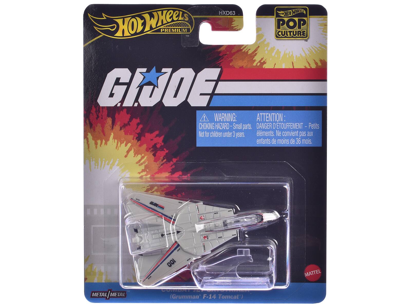 Hot Wheels Premium 1M Pop Culture TM GI Joe!  
HXD63  
WARNING: CHOKING HAZARD - Small parts. Not for children under 3 years.  
ATTENTION: DANGER D'ÉTOUFFEMENT - Petits éléments. Ne convient pas aux enfants de moins de 36 mois.  
D 100 MATTEL PN  
METAL / METAL / METAL  
COMBAT (Grumman F-14 Tomcat)
