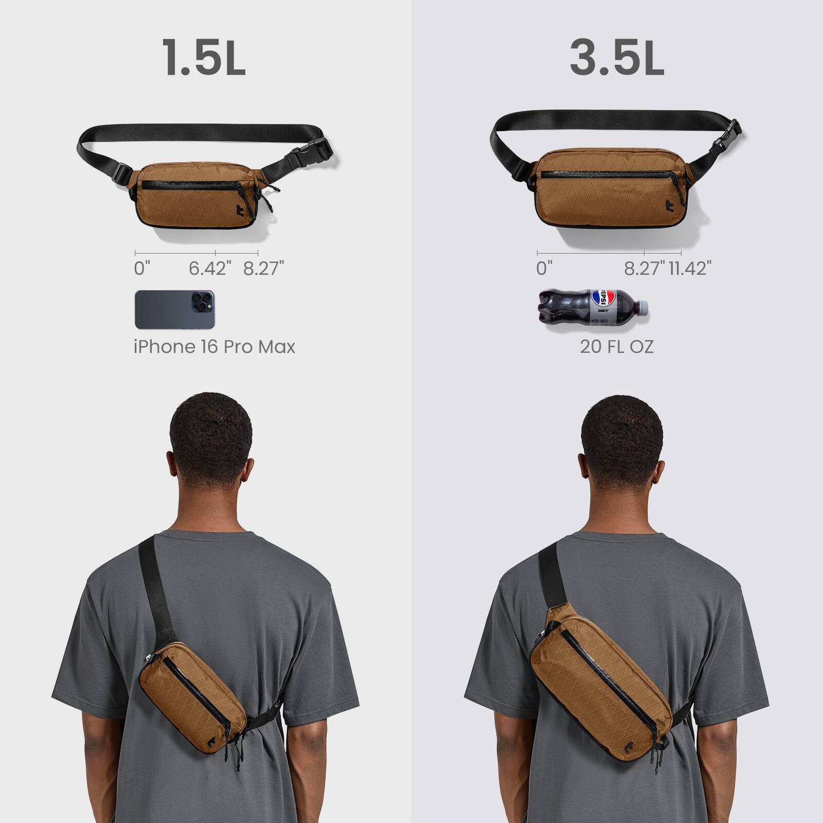 1.5L  
0" 6.42" 8.27"  
iPhone 16 Pro Max  

3.5L  
0" 8.27" 11.42"  
20 FL OZ