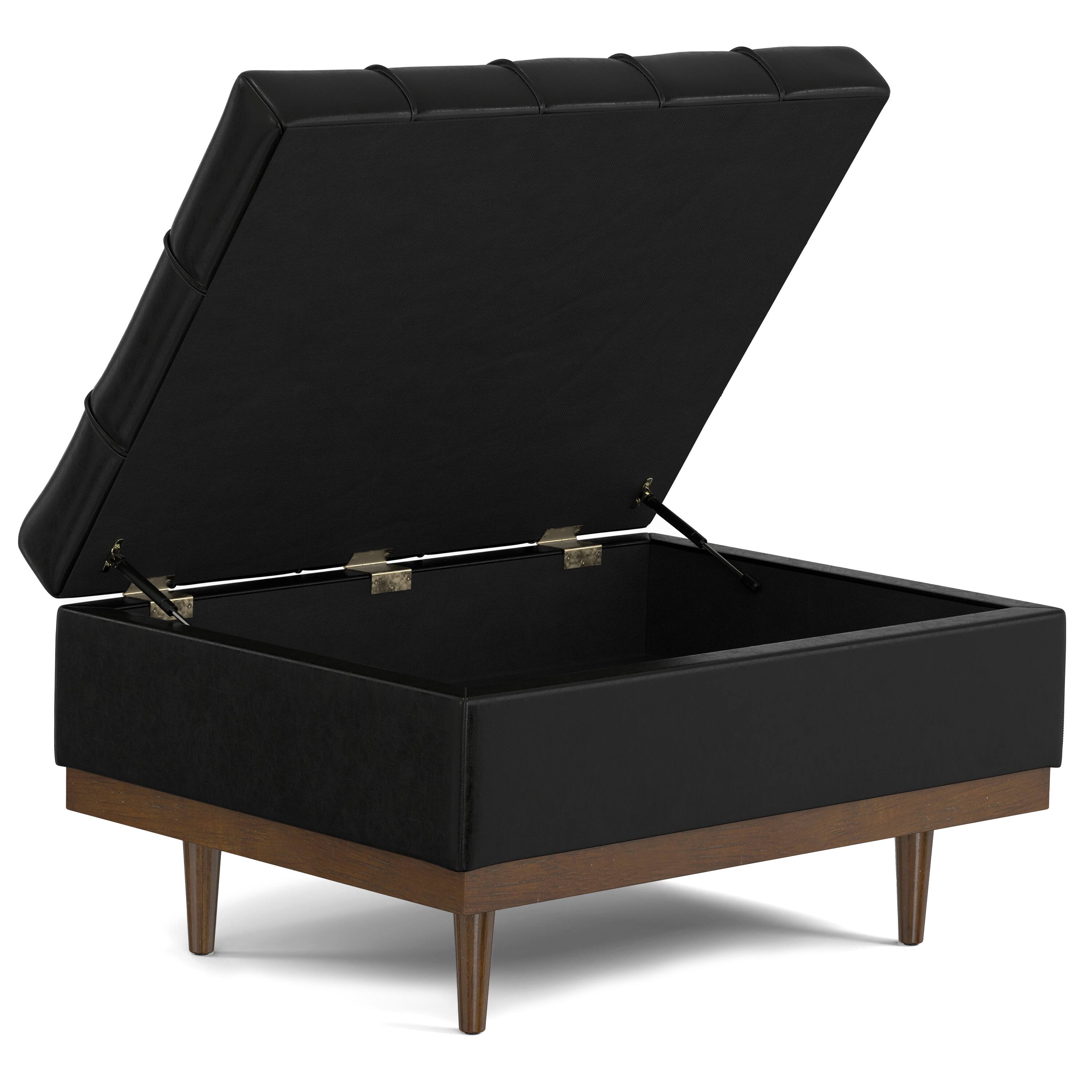 Left. Simpli Home - Mariah 34 inch Contemporary Rectangle Coffee Table Storage Ottoman in Midnight Black  PU Black faux leather, Assembled - Midnight Black.