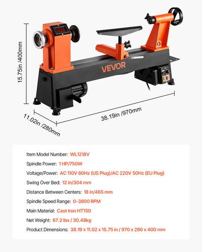 VEVOR Woodworking Lathe, 1 HP, Benchtop Wood Lathe Machine with 0 VEVOR Woodworking Lathe, 1 HP, Benchtop Wood Lathe Machine with 0
