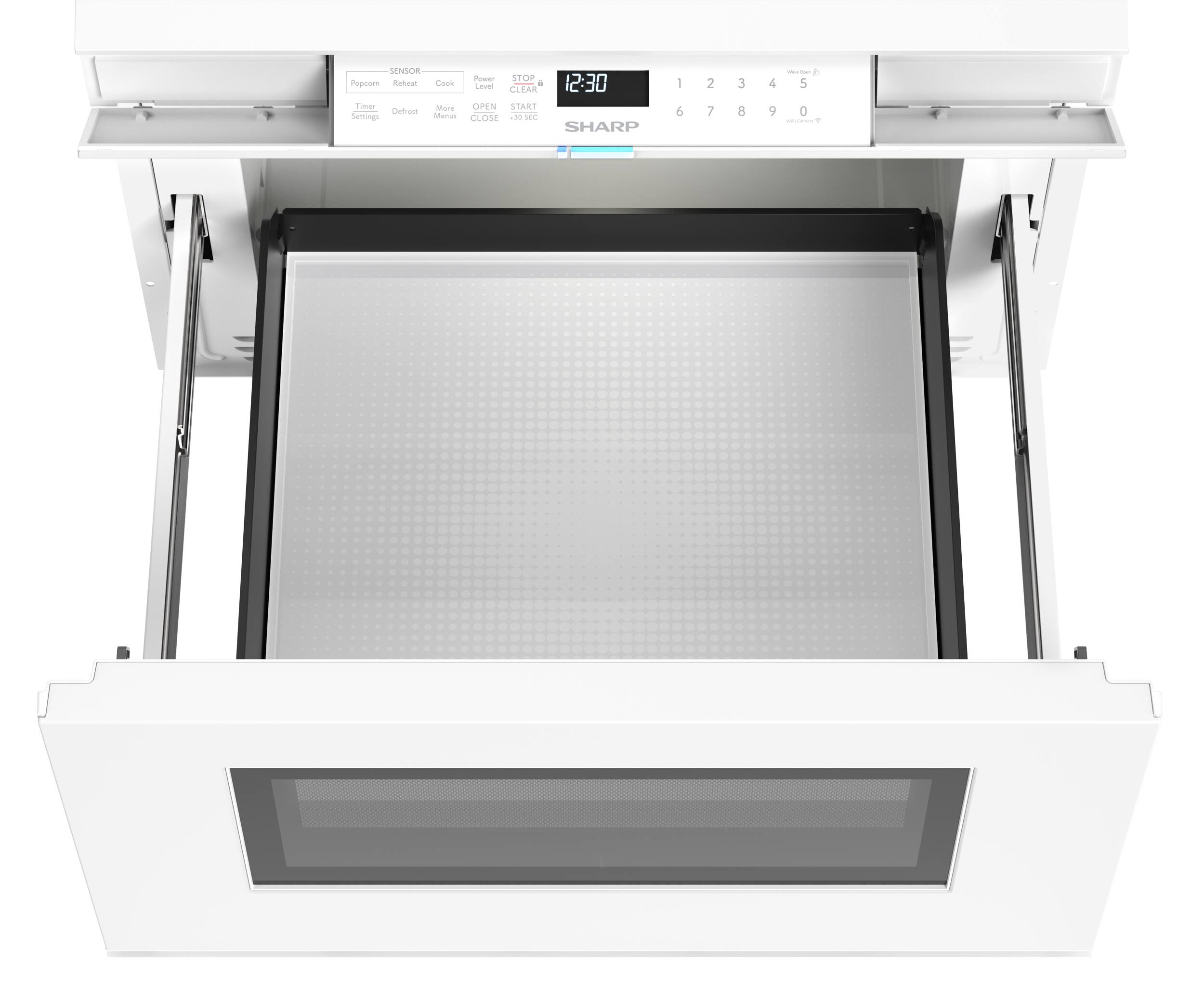 SENSOR  
Popcorn  
Reheat  
Cook  
Time  
Defrost  
Settings  
Menu  

STOP  
CLEAR  
Level  
OPEN  
START  
CLOSE  

12:30  
CLEAR  
Tier  
OPEN  
START  
Catat  
Sertings  
Monos  
CLOSE  

SHARP  
1 2 3 4 5  
6 7 8 9 0  
- .