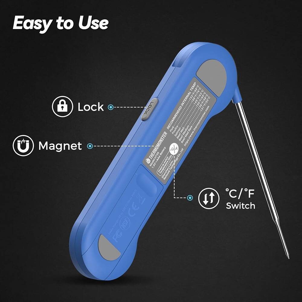 Easy to Use

- Lock
- Magnet
- °C/°F Switch

Recommended Internal Temperature

- Pork: 63°C / 145°F
- Poultry: 74°C / 165°F
- Medium: 63°C / 145°F
- Well: 71°C / 160°F
- Beef: 63°C / 145°F
- Medium: 63°C / 145°F
- Well: 71°C / 160°F
- Acta: 63°C / 145°F

THERMOMONSTER Model: HTD9

Battery: 3V

CE, FCC, RoHS

tec.com