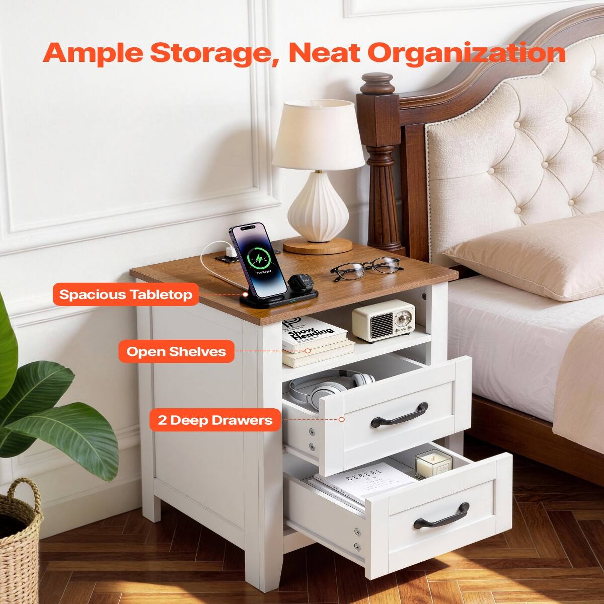 Ample Storage, Neat Organization

Spacious Tabletop

Open Shelves

2 Deep Drawers