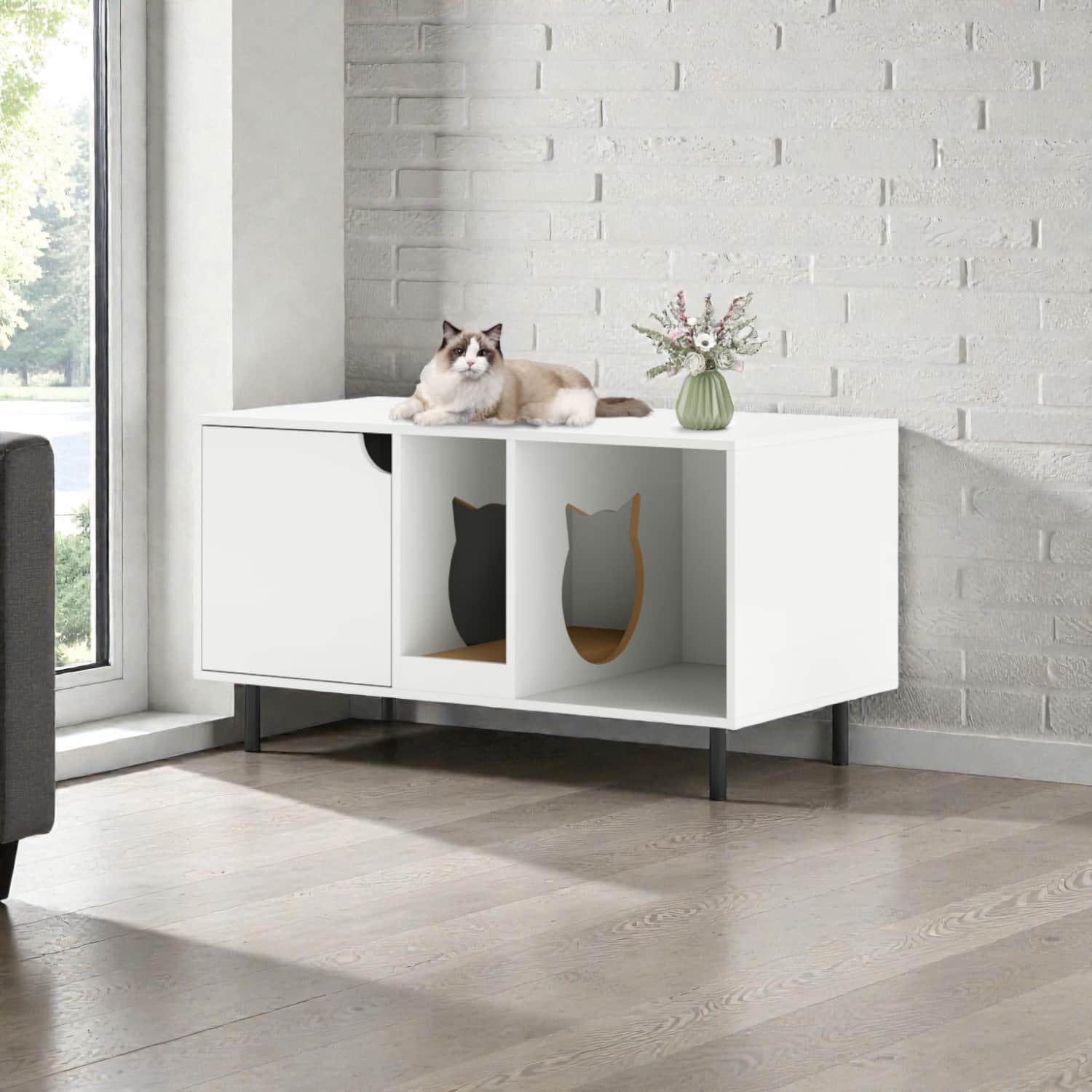 BreeBe - Concealed Cat Litter House for 2 Cats with 40-Inch Wide Design - White