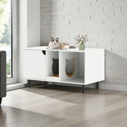 Front. BreeBe - Concealed Cat Litter House for 2 Cats with 40-Inch Wide Design - White.