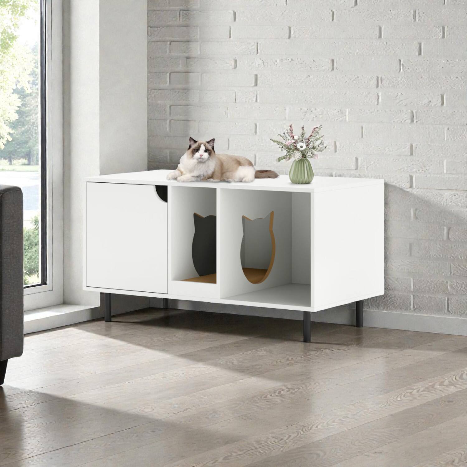 Front. BreeBe - Concealed Cat Litter House for 2 Cats with 40-Inch Wide Design - White.