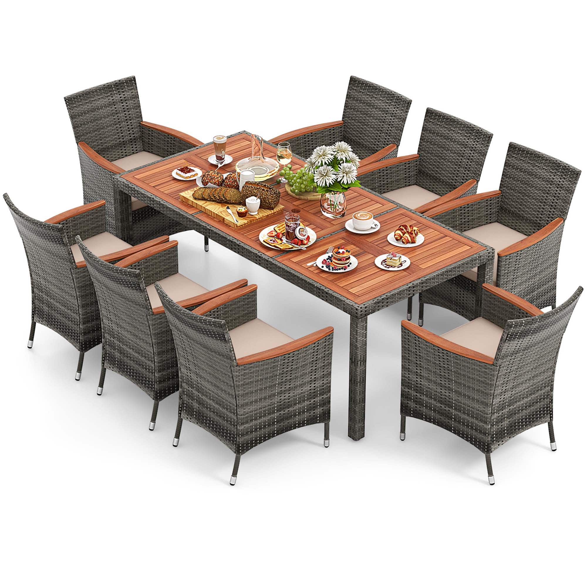 Costway - 9 Pieces Outdoor Wicker Dining Set with Acacia Wood Table and 8 Armchairs - Mix Gray,Beige