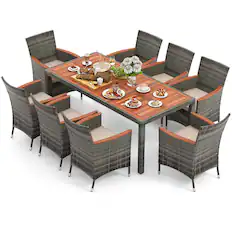 Front. Costway - Costway 9 Pieces Outdoor Wicker Dining Set with Acacia Wood Table and 8 Armchairs - Mix Gray,Beige.