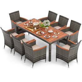 Costway - 9 Pieces Outdoor Wicker Dining Set with Acacia Wood Table and 8 Armchairs - Mix Gray,Beige