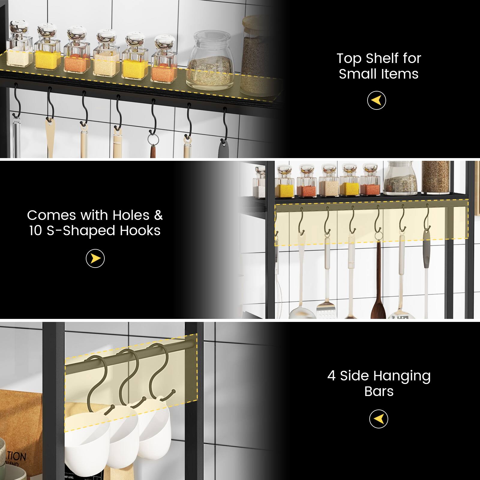 - Top Shelf for Small Items
- Comes with Holes & 10 S-Shaped Hooks
- 4 Side Hanging Bars