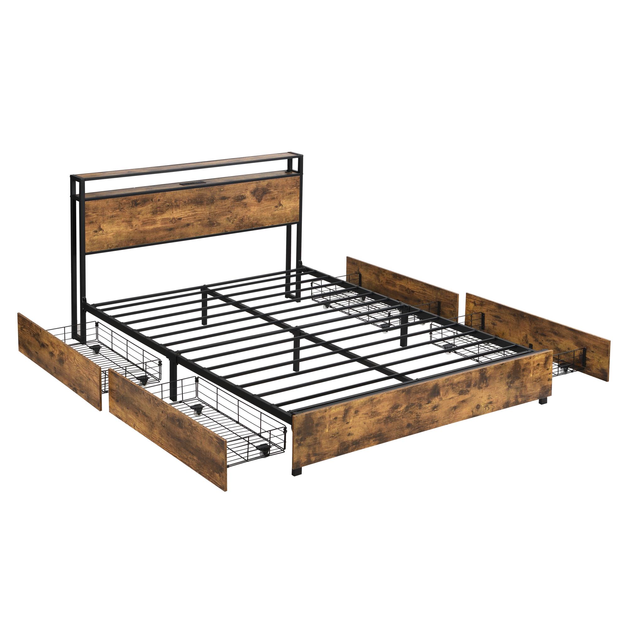 Alt View 4. GOODSILO - Queen Size Bed Frame with Storage Headboard and Built-in Charging Station, LED Lighting, and Easy Assembly - Black+Brown.