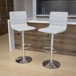 Emma + Oliver - Modern Vinyl Adjustable Height Barstool with Horizontal Stitch Back, Set of 2 - White Vinyl/Chrome Frame