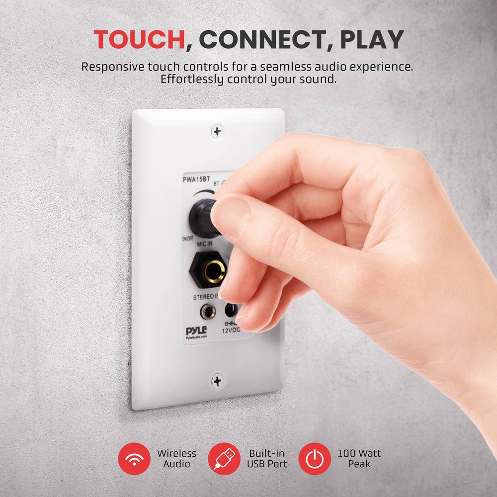 TOUCH, CONNECT, PLAY  
Responsive touch controls for a seamless audio experience. Effortlessly control your sound.

PWA15BT  
BT ON/OFF  
MIC IN  
STEREO IN  
PYLE  
12VDC  
Pyleaudio.com

Wireless Audio  
Built-in USB Port  
100 Watt Peak