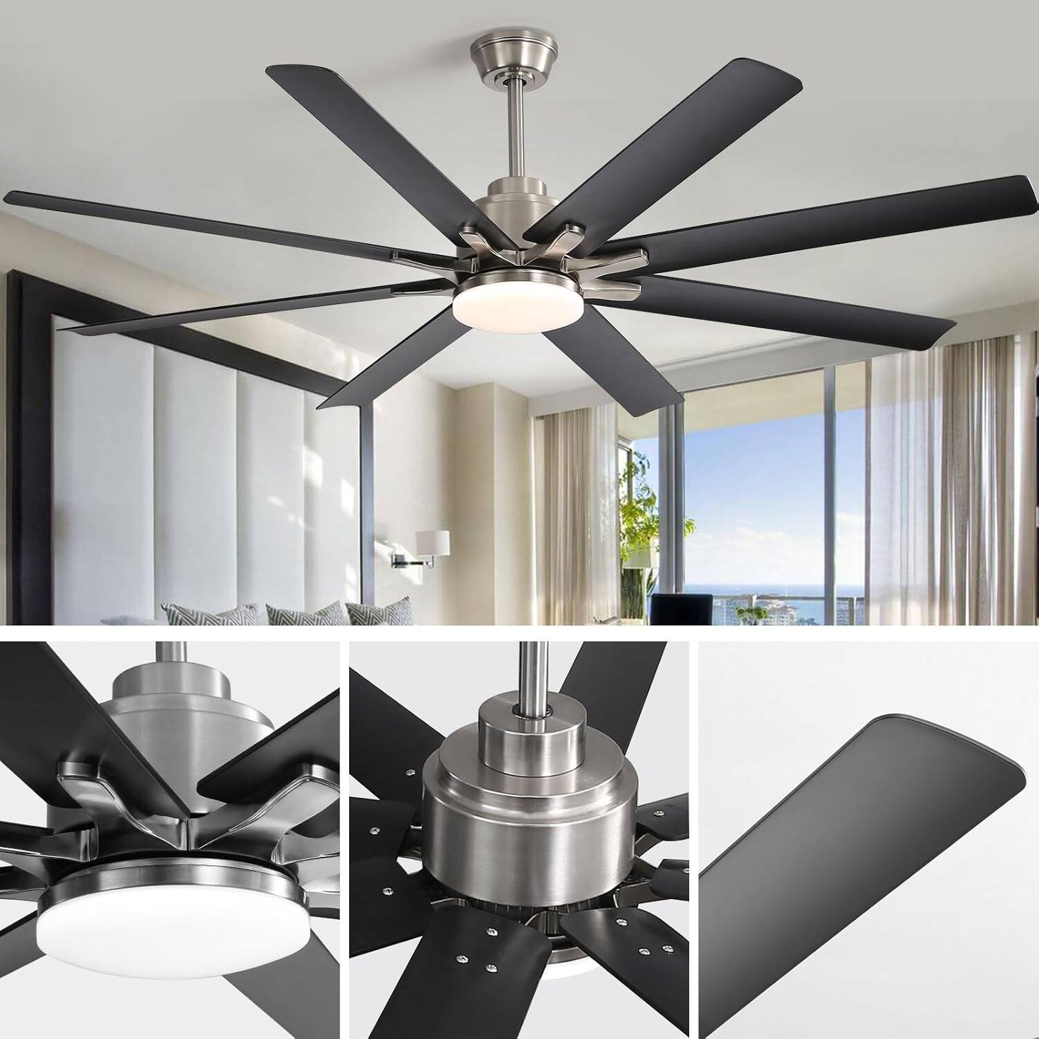 Alt View 3. Sofucor - 66 inch Large Nickel Smart APP Ceiling Fan with Light and Remote Control/Phone/Voice Google Alexa for Farmhouse - Nickel - 2 Pack.