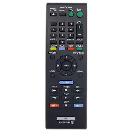 TV OPEN/CLOSE INPUT 1 2 3 4 5 6 VOL + 7 8 9 - AUDIO 0 SUBTITLE DISPLAY YELLOW BLUE RED GREEN TOP MENU POP UP/MENU RETURN OPTIONS HOME PREV PAUSE NEXT PLAY STOP NTFX BD RMT-B119A IR