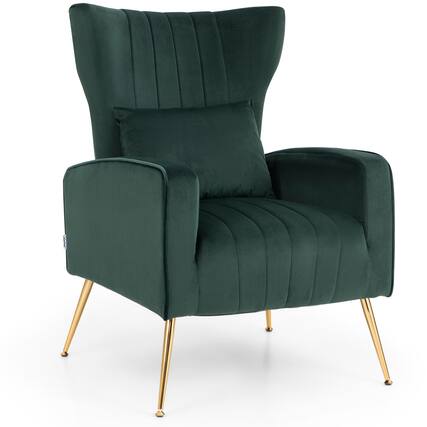 Front. Costway - Velvet Upholstered Wingback Chair with Lumbar Pillow and Golden Metal Legs - Turquoise.