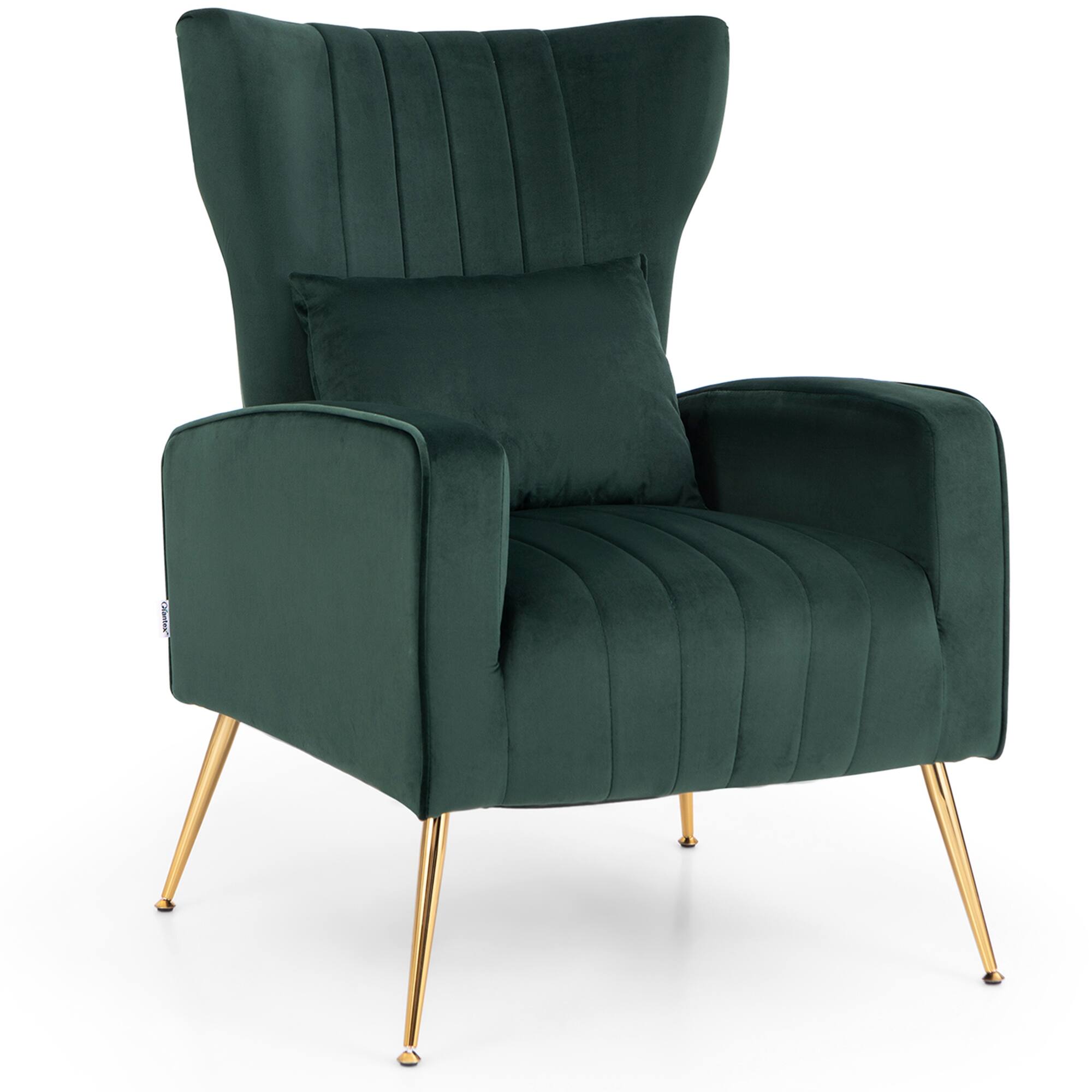 Costway - Velvet Upholstered Wingback Chair with Lumbar Pillow and Golden Metal Legs - Turquoise