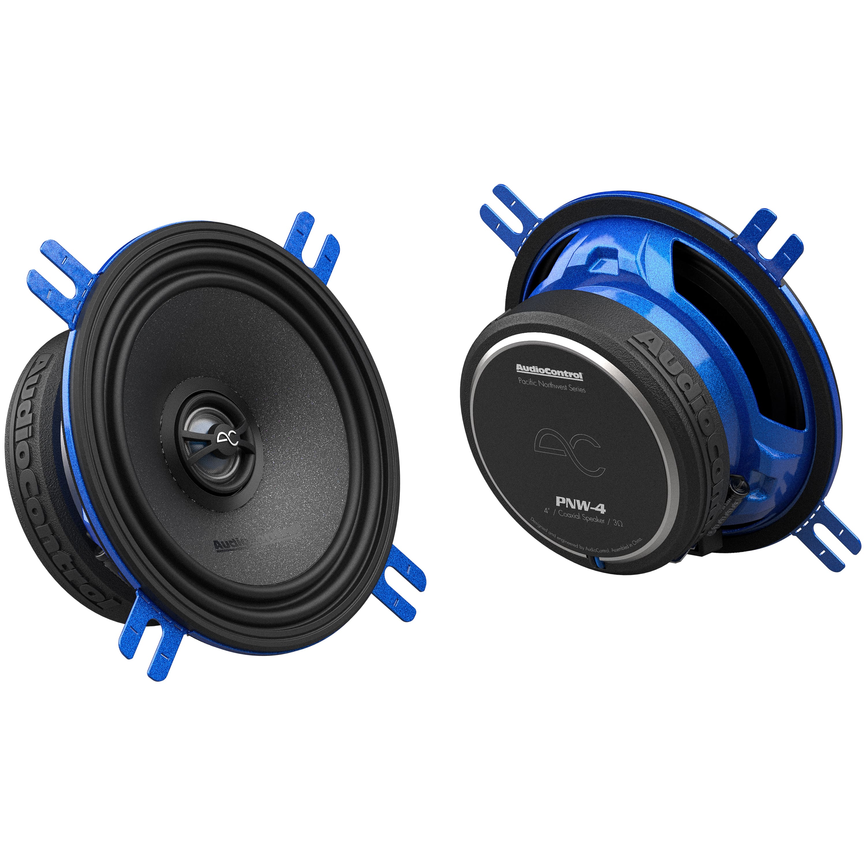The image features two black and blue speakers, one of which is an Audiocont speaker. The speakers are placed on a white background, and they are both turned off. The speakers are designed to provide high-quality sound and are suitable for use in various settings, such as homes, offices, or entertainment centers.