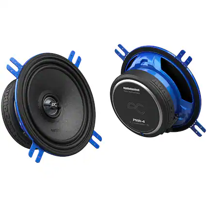 The image features two black and blue speakers, one of which is an Audiocont speaker. The speakers are placed on a white background, and they are both turned off. The speakers are designed to provide high-quality sound and are suitable for use in various settings, such as homes, offices, or entertainment centers.
