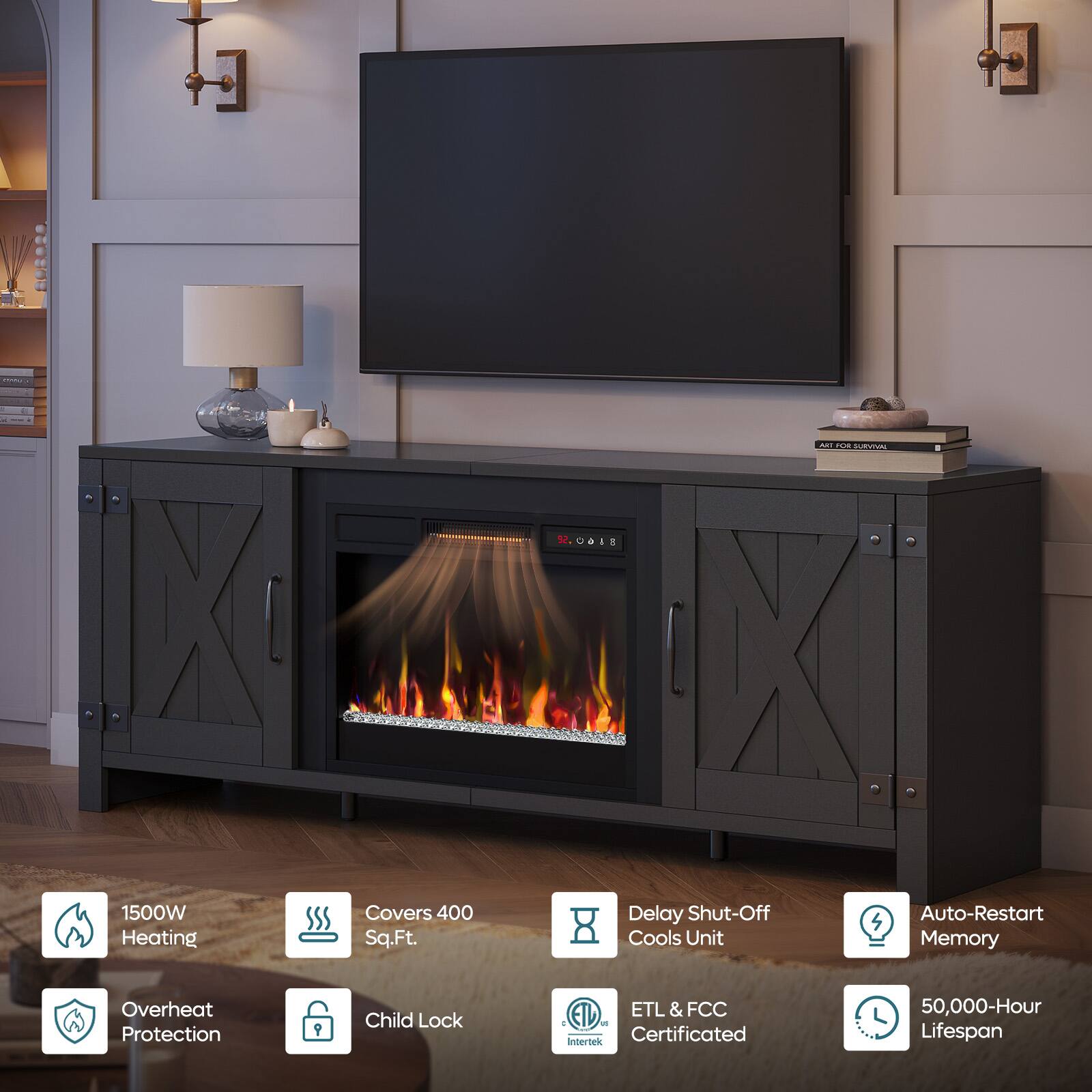 1500W Heating Covers 400 Sq.Ft.  
- Delay Shut-Off  
- Auto-Restart  
- Cools Unit  
- Memory  
- Overheat Protection  
- Child Lock  
- ETL & FCC Certified  
- 50,000-Hour Lifespan