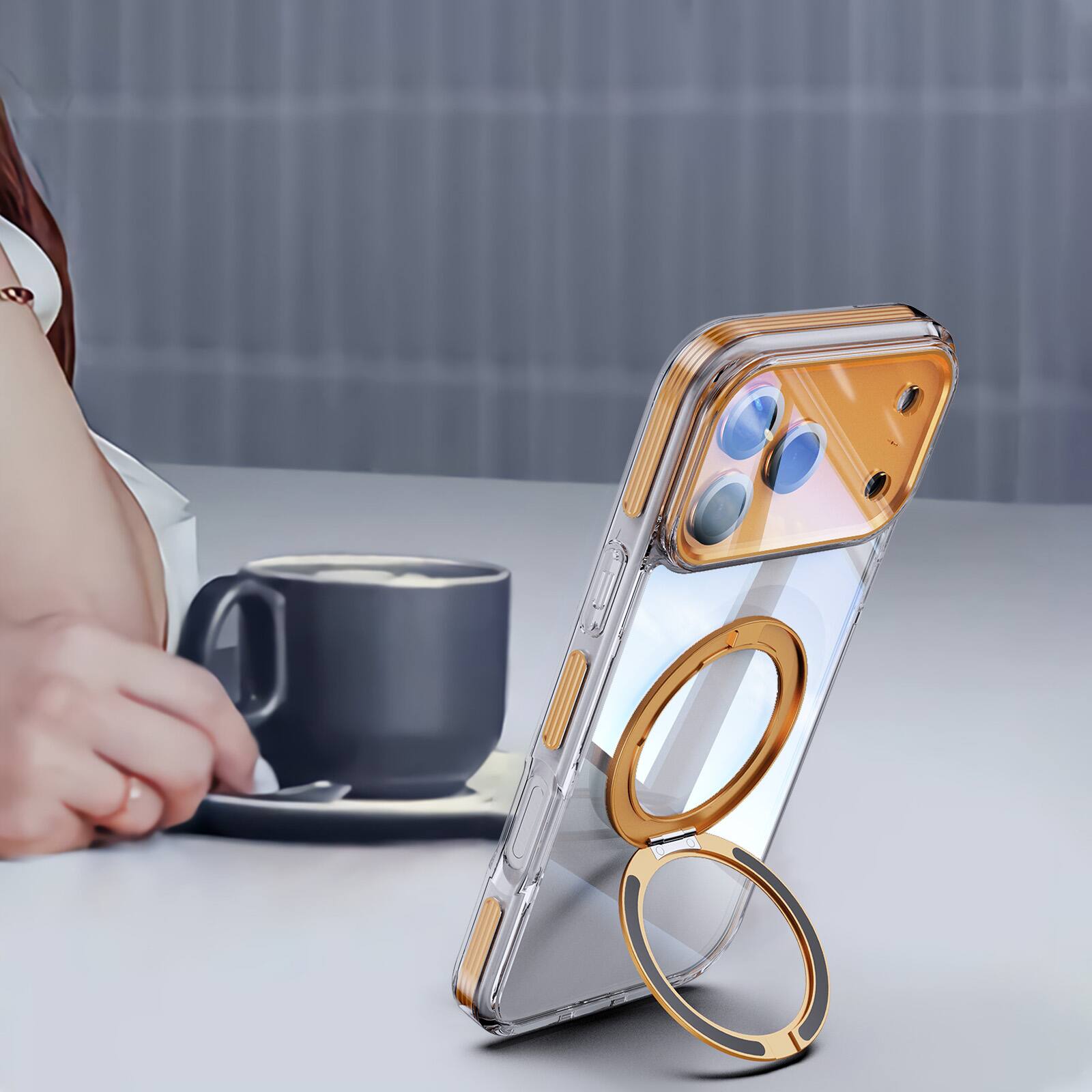 Alt View 4. Dteck - Magnetic Clear Phone Case for Apple iPhone 17 Pro Max with Metal Rotating Stand,Shockproof PC+TPU Slim Transparent Cover - Orange.