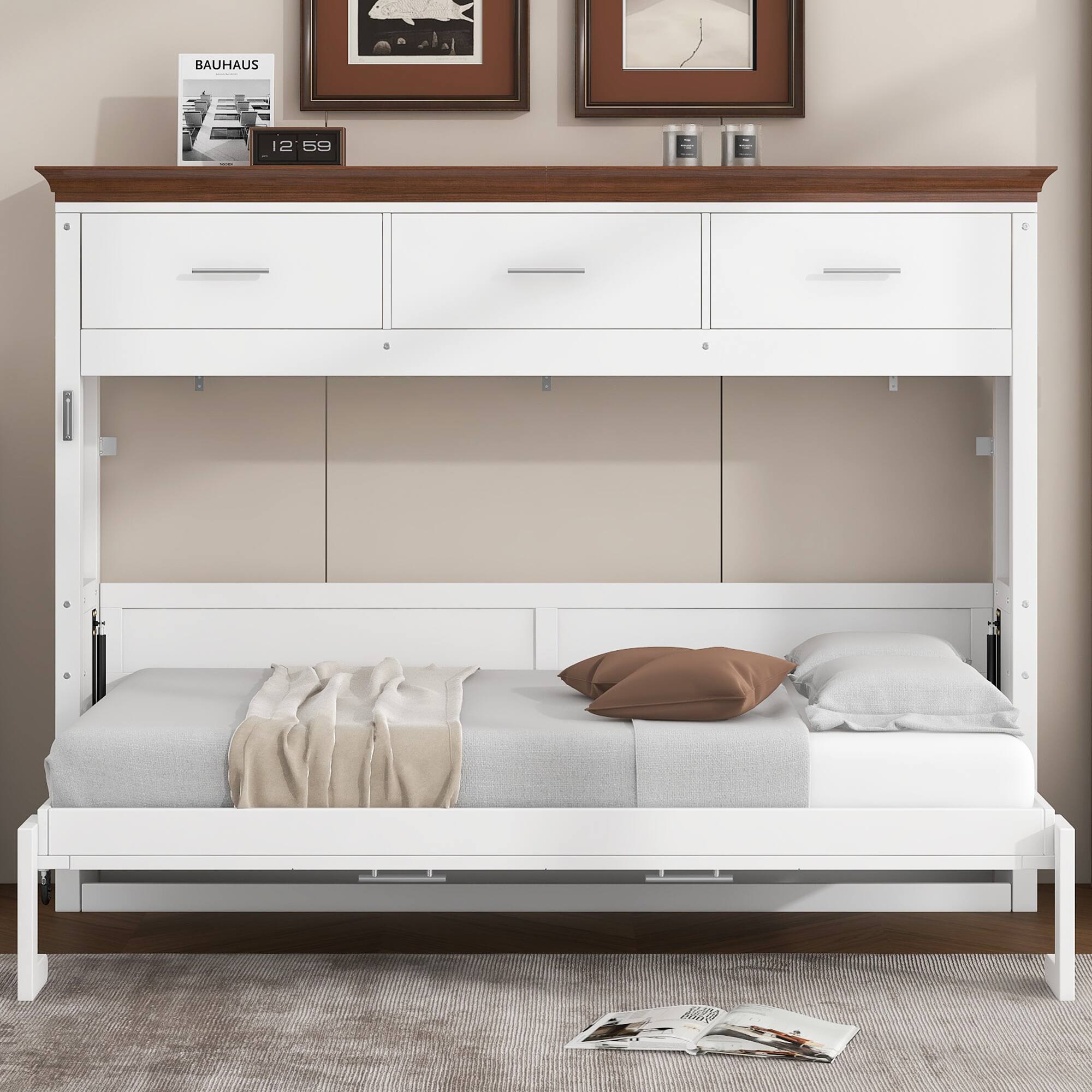 Angle. Whisen - Twin Size Murphy Bed with 3 Drawers, Space-Saving Bedroom Furniture Frame, MDF and LVL Construction - White.