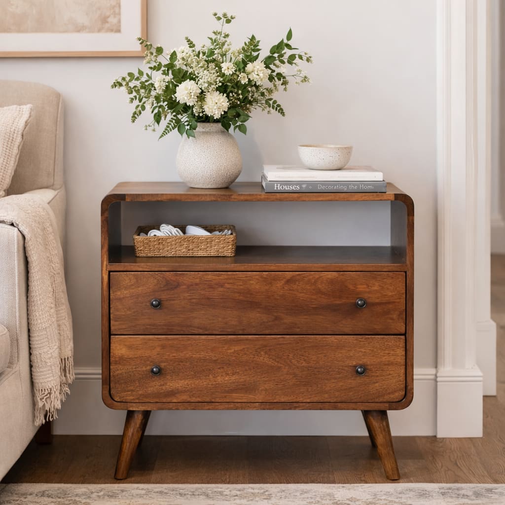 Artisan Furniture - Solid Wood Curved Nordic Charm Chest, 2 Drawers & 1 Open Slot - Brown