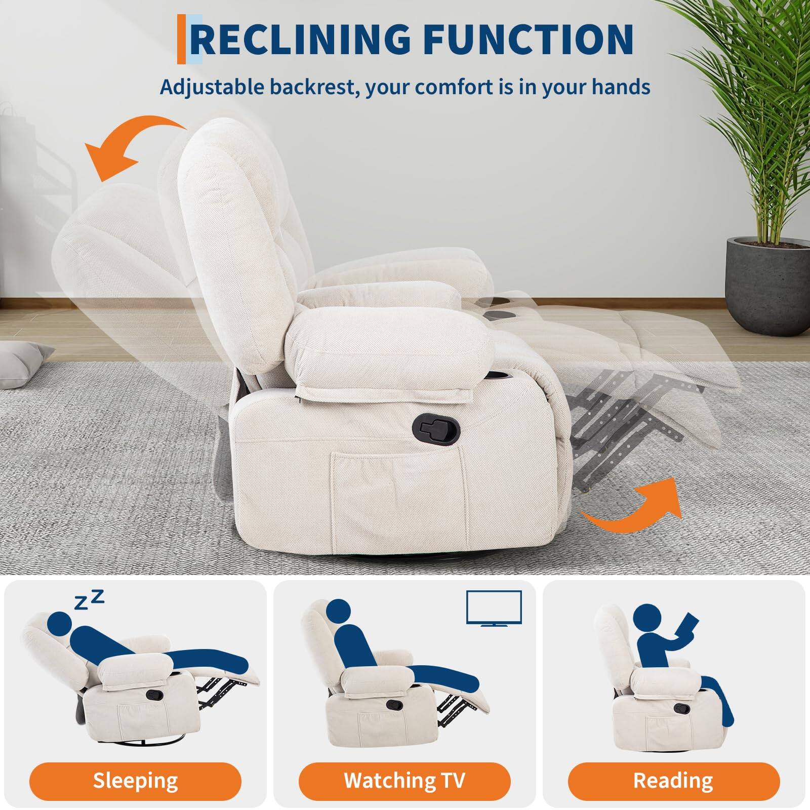 RECLINING FUNCTION  
Adjustable backrest, your comfort is in your hands  

Sleeping  
Watching TV  
Reading