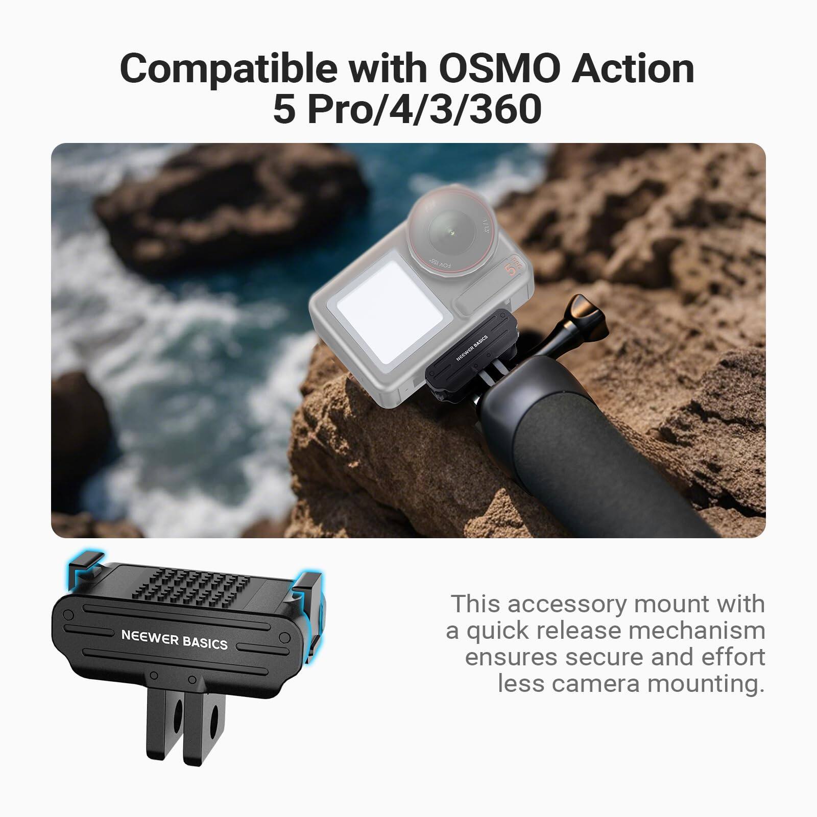 Compatible with OSMO Action 5 Pro/4/3/360

This accessory mount with a quick release mechanism ensures secure and effort less camera mounting.