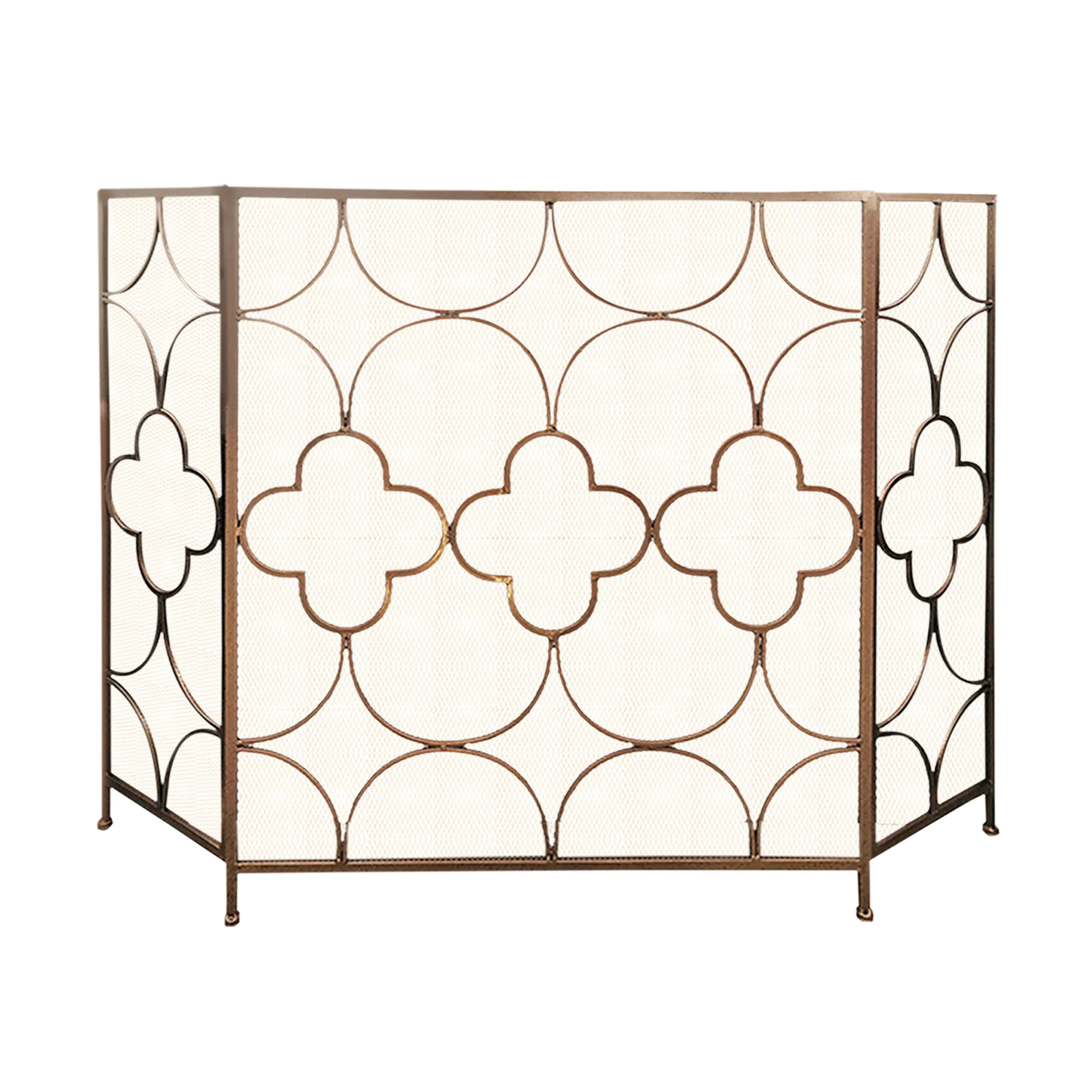 Front. Manhattan Lane - 50 Inch 3 Panel Metal Fireplace Screen, Quatrefoil Design - Bronze.