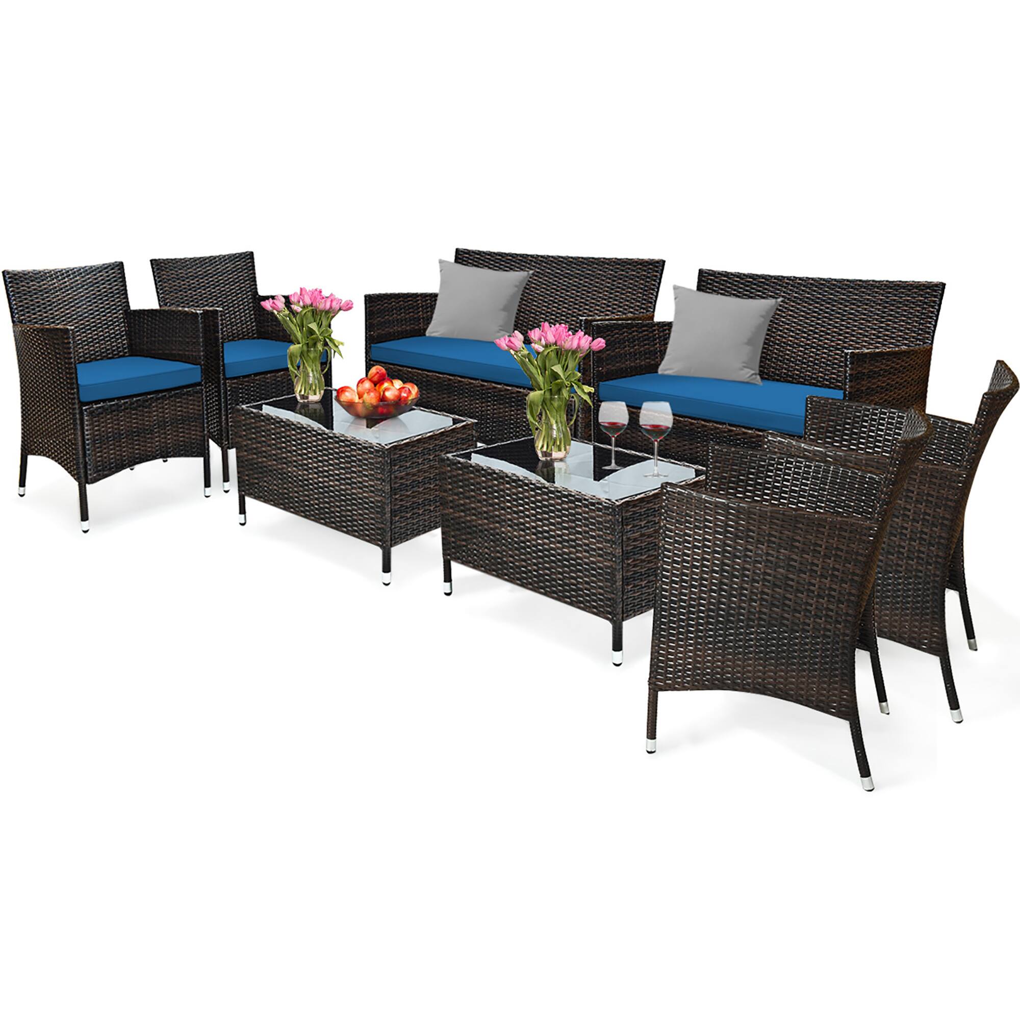 Alt View 1. Gymax - Gymax 8PCS Patio Rattan Conversation Furniture Set Outdoor w/ Peacock Blue Cushion - Peacock Blue.