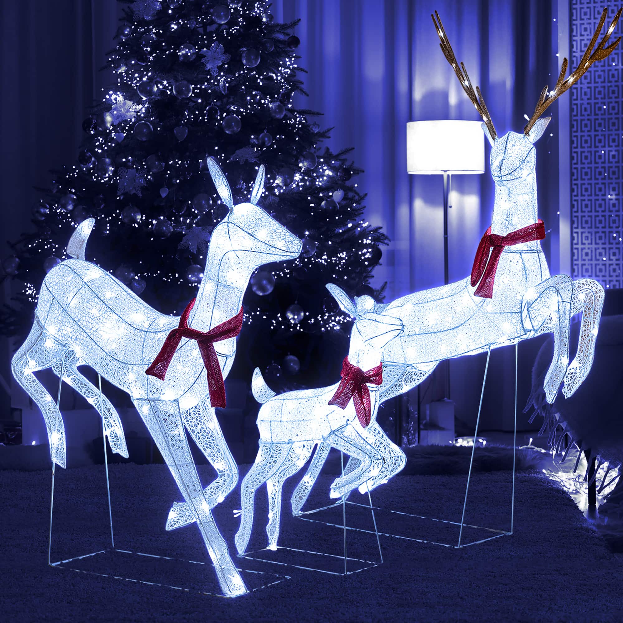 Gymax - 3 PCS Christmas Lighted Reindeer Family Set w/255 Cold W/ LED Lights Stakes - Cold White