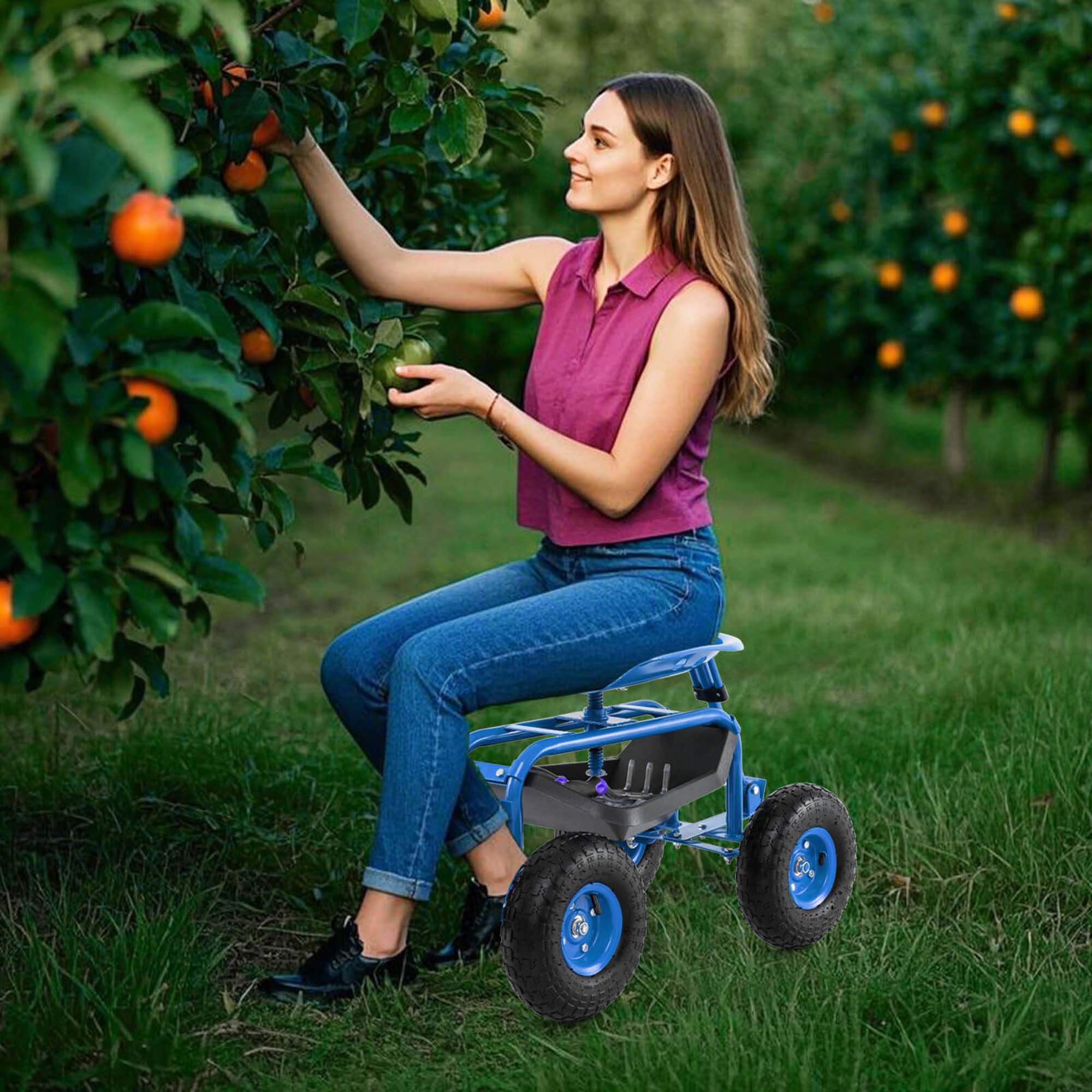 Alt View 1. Costway - Costway Garden Cart Patio Wagon Roll Work Seat with Tray Basket Extendable Handle - Blue.
