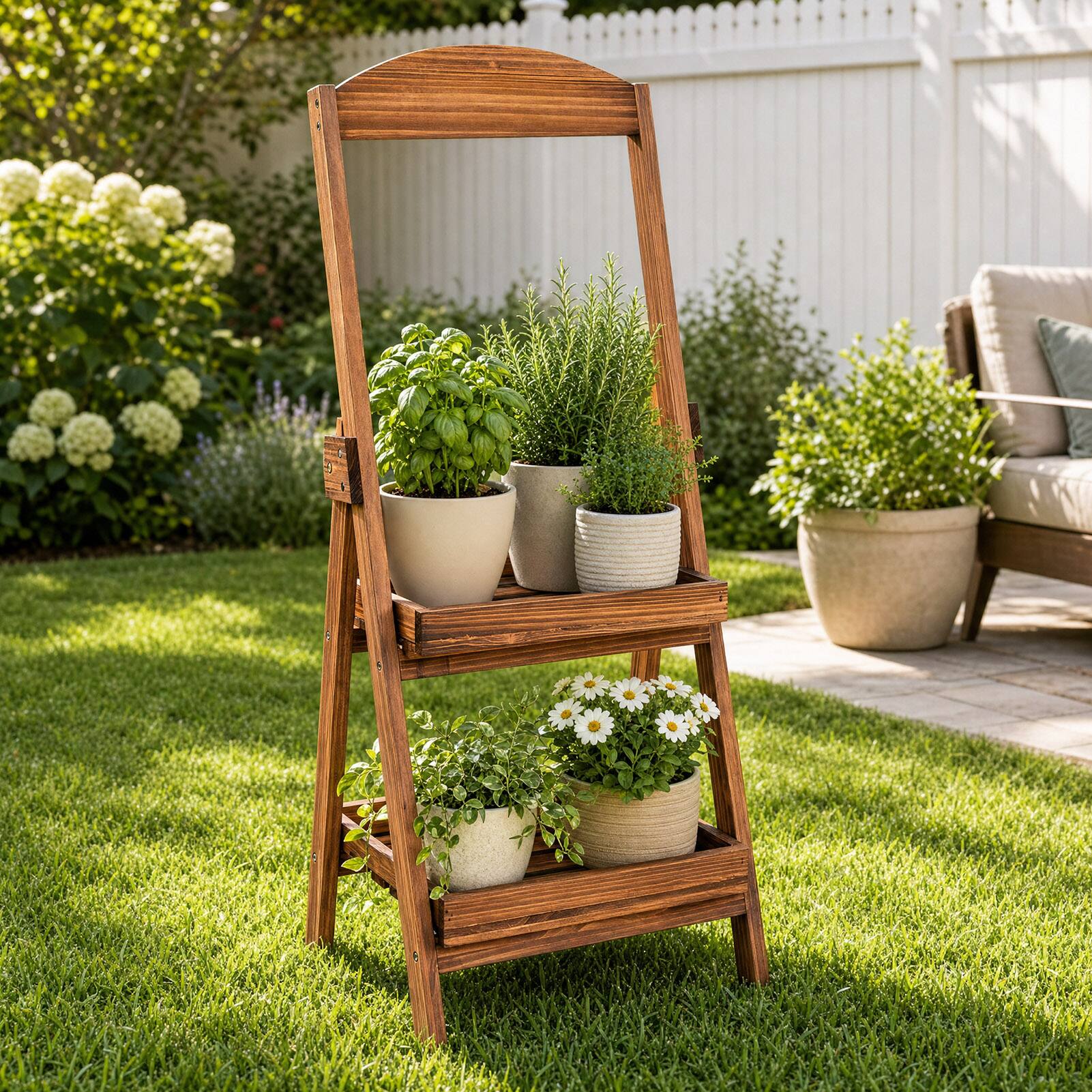 Alt View 5. Costway - Costway 2-Tier Ladder Shelf with Fir Wood Frame, Raised Edges & Open Design for Balcony - Rustic Brown.