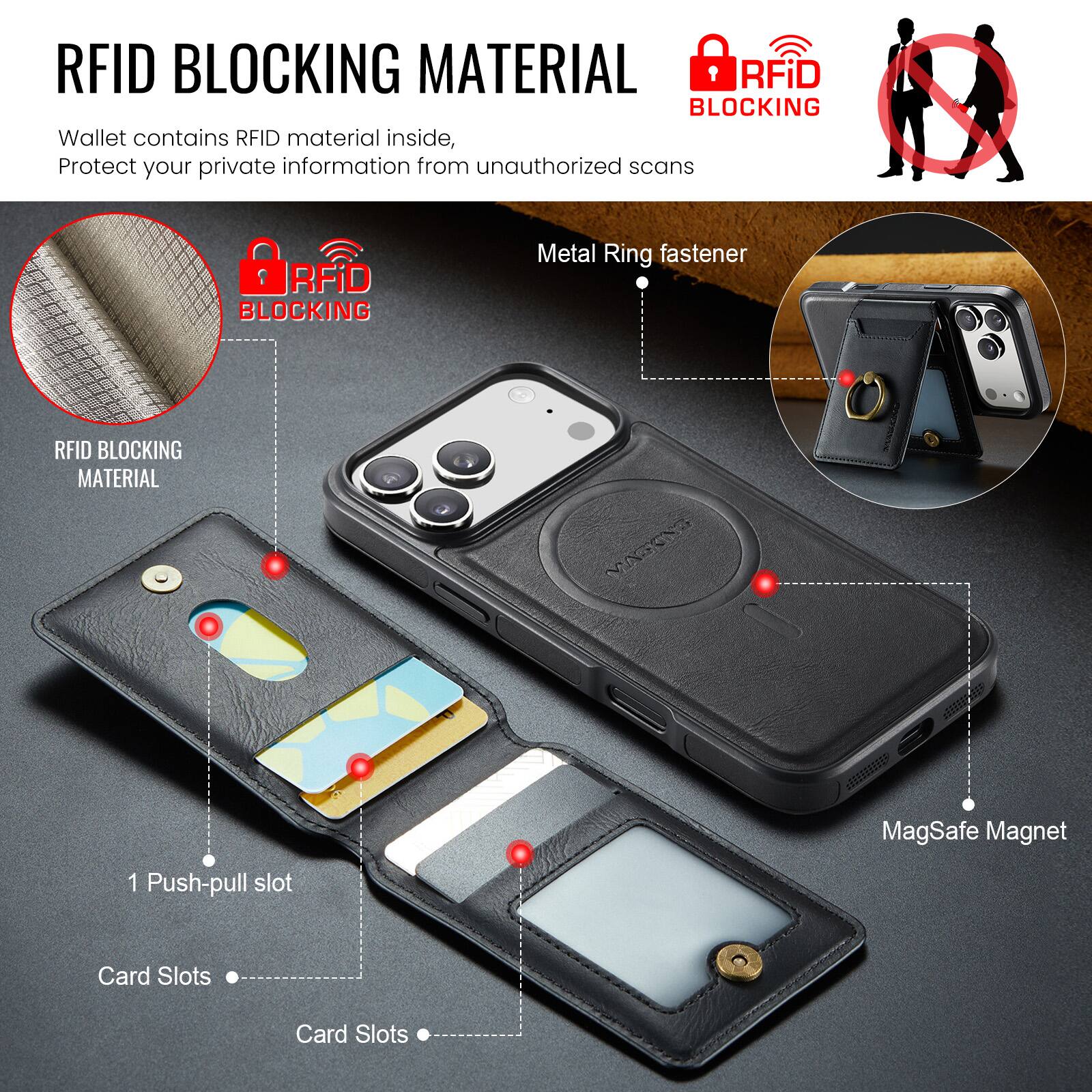 RFID BLOCKING MATERIAL

Wallet contains RFID material inside, Protect your private information from unauthorized scans

RFID BLOCKING MATERIAL

RFID BLOCKING

Metal Ring fastener

1 Push-pull slot

Card Slots

Card Slots

MagSafe Magnet