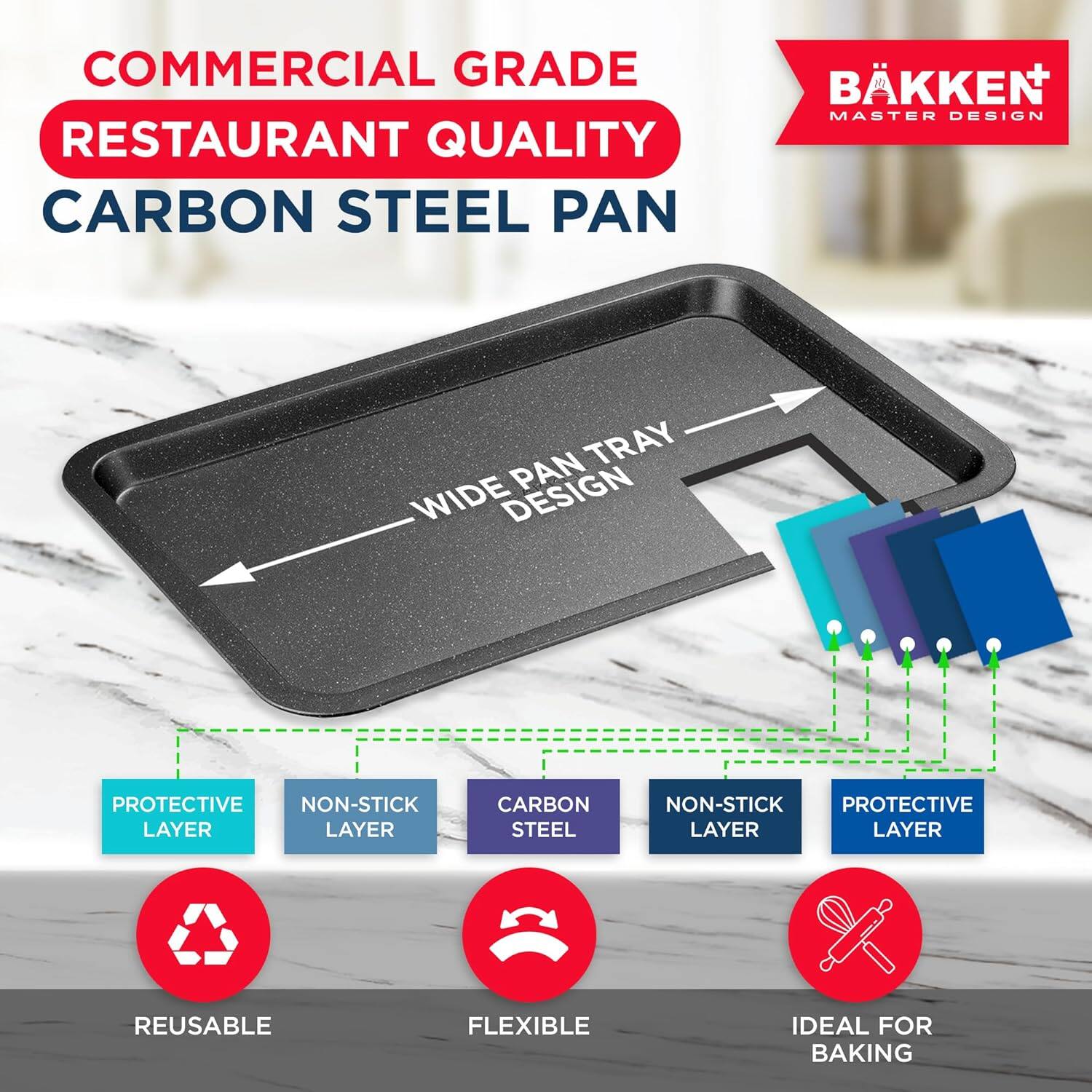 COMMERCIAL GRADE RESTAURANT QUALITY CARBON STEEL PAN BKKEN MASTER DESIGN PAN TRAY WIDE DESIGN PROTECTIVE NON-STICK LAYER CARBON STEEL NON-STICK PROTECTIVE LAYER REUSABLE FLEXIBLE IDEAL FOR BAKING