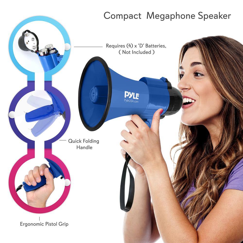 Compact Megaphone Speaker

- Requires (4) x 'D' Batteries, (Not Included)
- Quick Folding Handle
- Ergonomic Pistol Grip

PYLE
PyleUSA.com