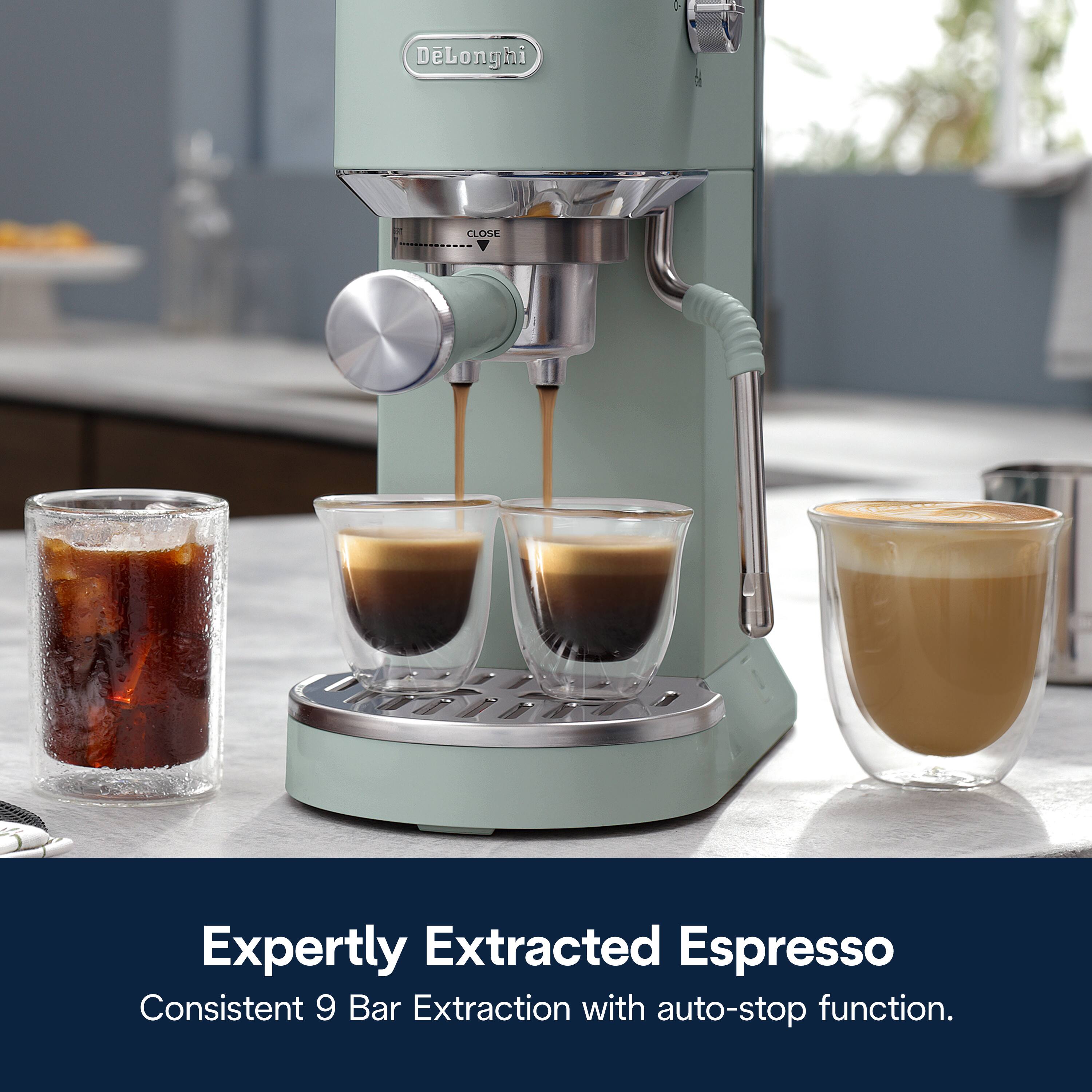 DeLonghi CLOSE Expertly Extracted Espresso Consistent 9 Bar Extraction with auto-stop function.