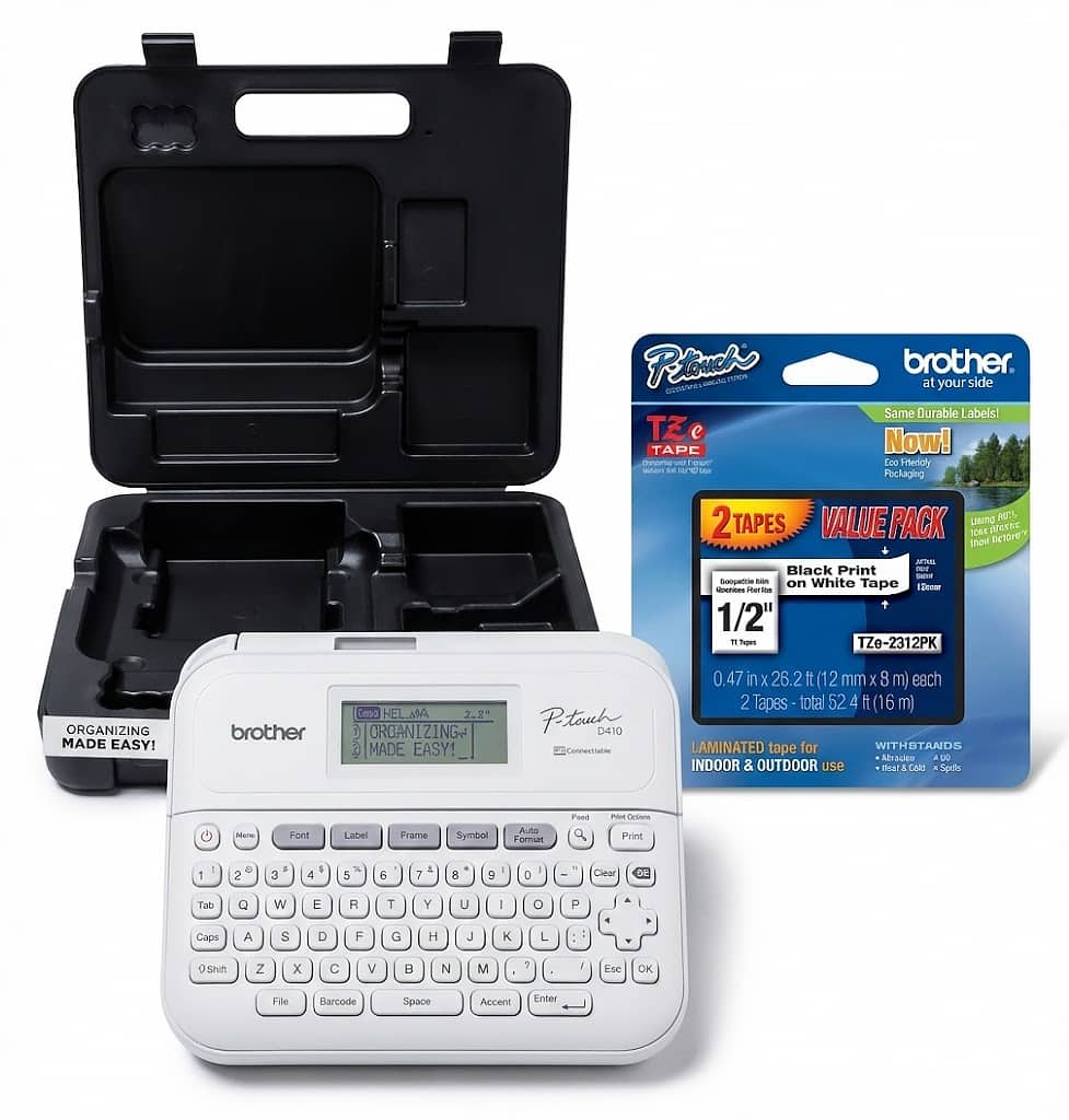 Brother - PT-D410 Desktop Label Maker with Hard Case and Laminated Tape Bundle