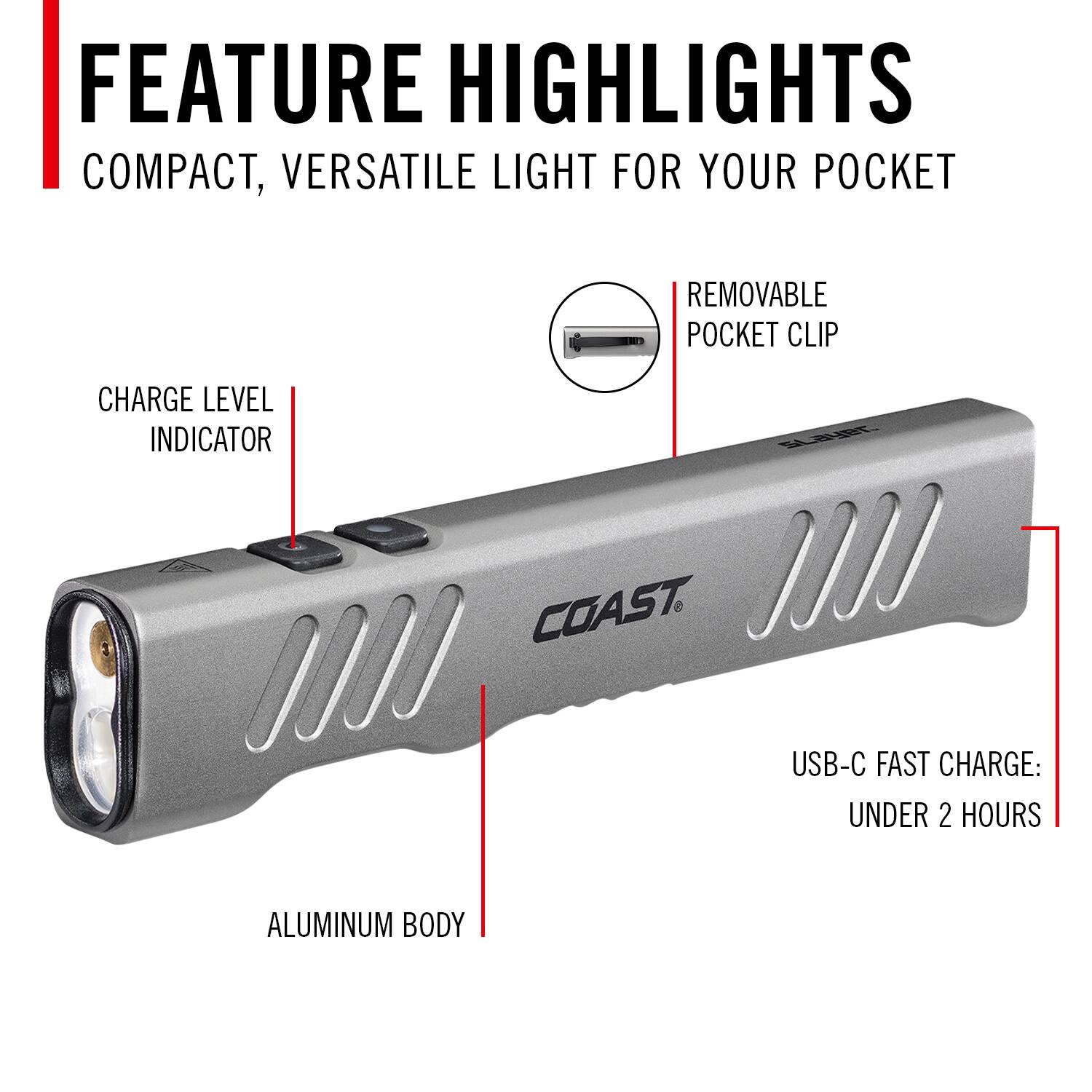 FEATURE HIGHLIGHTS  
COMPACT, VERSATILE LIGHT FOR YOUR POCKET  
REMOVABLE POCKET CLIP  
CHARGE LEVEL INDICATOR  
USB-C FAST CHARGE: UNDER 2 HOURS  
ALUMINUM BODY