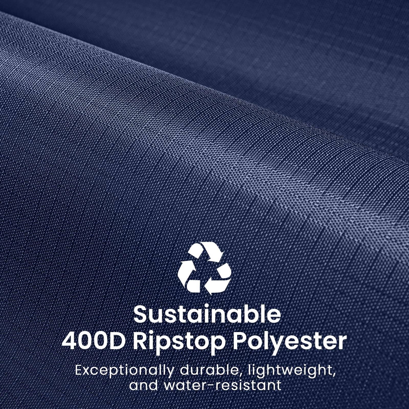 Sustainable 400D Ripstop Polyester  
Exceptionally durable, lightweight, and water-resistant