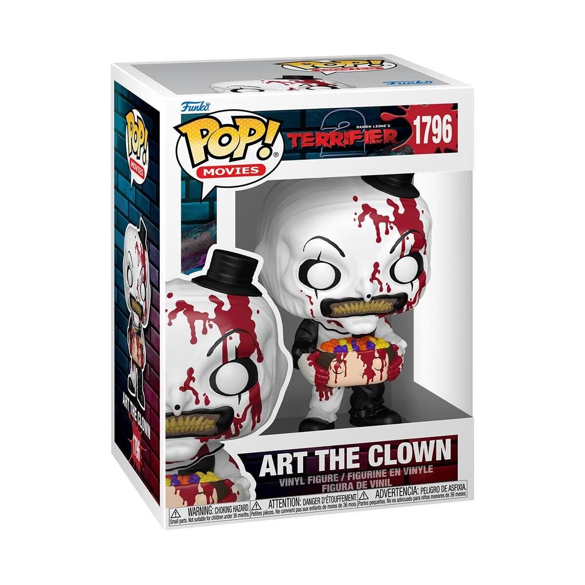 Sure, here is the corrected and grouped text from the image:

---

**Funko POP! MOVIES**

**TERRIFIER**

**1796**

**ART THE CLOWN**

**VINYL FIGURE / FIGURINE EN VINYLE / FIGURA DE VINIL**

**WARNING: CHOKING HAZARD △ ATTENTION: PELIGRO DE ASFIXIA / ADVERTENCIA: PELIGRO DE ASFIXIA**

**Small parts. Not for children under 3 years. / Petits pièces. Ne convient pas aux enfants de moins de 3 ans. / Pequeñas piezas. No es adecuado para niños menores de 3 años.**

---

This text is organized as it appears on the packaging.