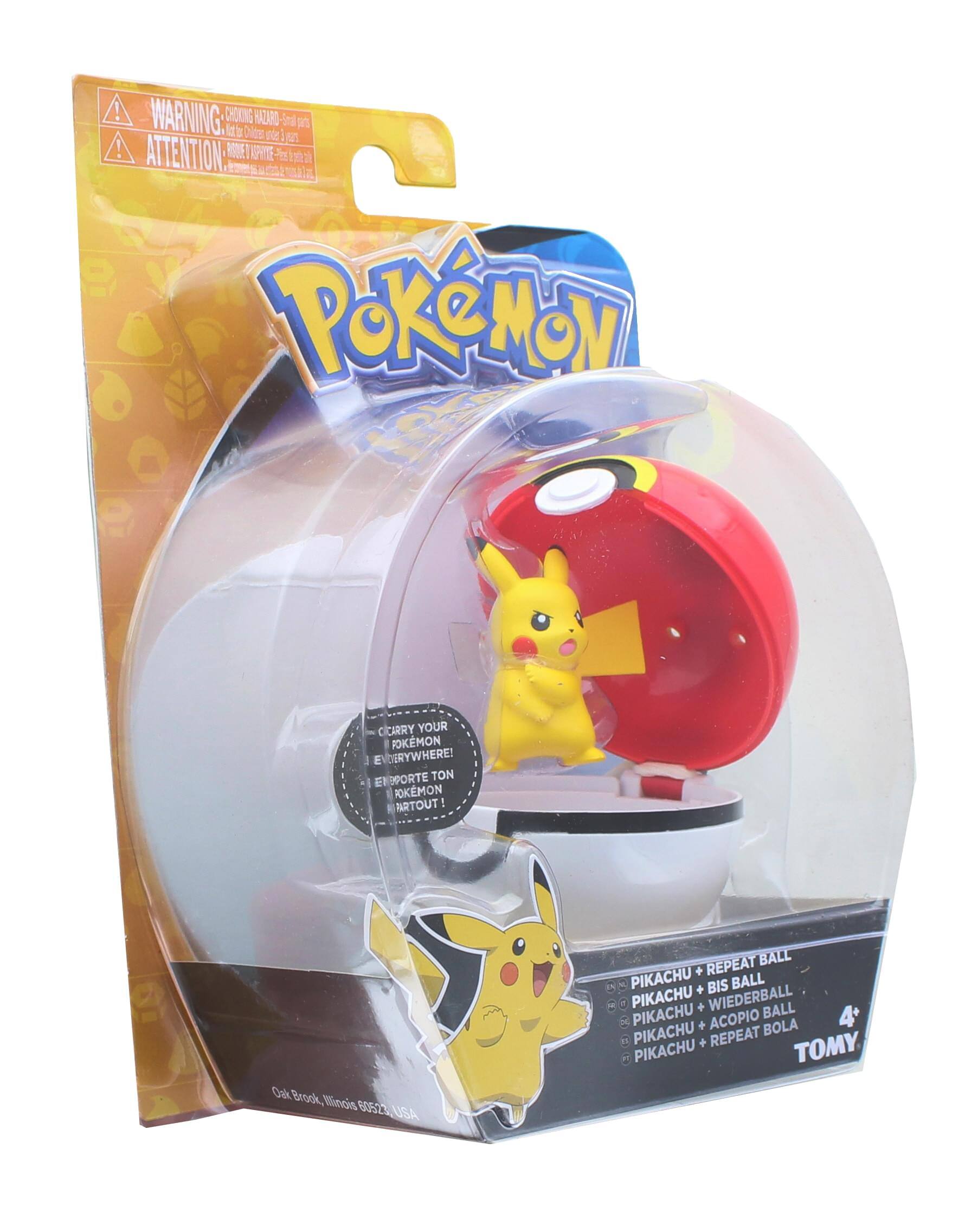 ! WARNING: CHOKING HAZARD - Small parts. Not for children under 3 years.  
! ATTENTION: RISQUE DE CHOKING - Petits pièces. Ne convient pas aux enfants de moins de 3 ans.  

ATTENTION: RISQUE DE CHOKING - Small parts. Not for children under 3 years.  

CARRY YOUR POKEMON EVERYWHERE!  
ENPORTÉ TON POKEMON PARTOUT!  

Oak Brook, Illinois 60523 USA  

PIKACHU + REPEAT BALL  
PIKACHU + BIS BALL  
PIKACHU + WIEDERBALL  
PIKACHU + ACOPIO BALL  
PIKACHU + REPEAT BOLA  

TOMY