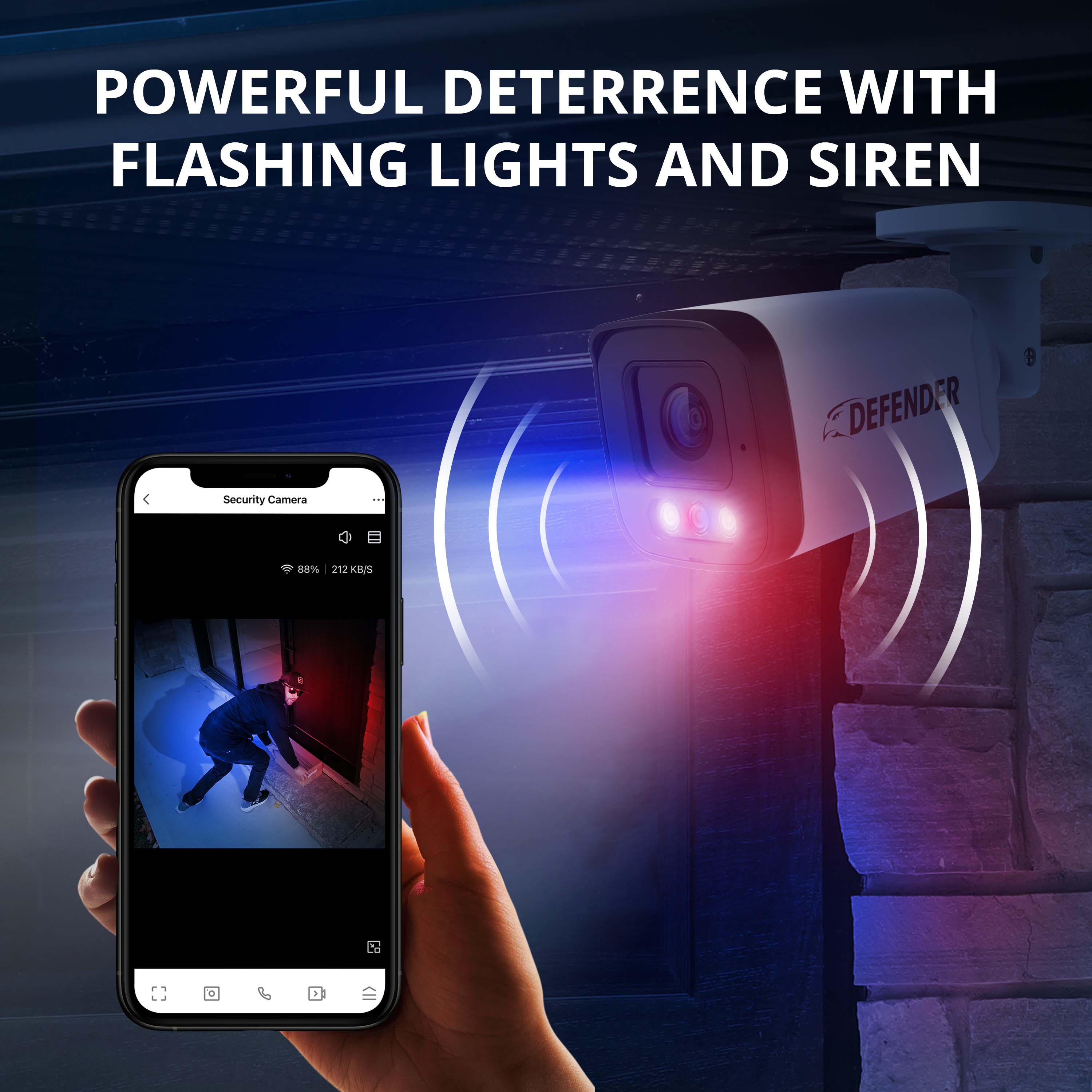 The text on the image is grouped and corrected as follows:

"Powerful Deterrence with Flashing Lights and Siren Defender Security Camera."