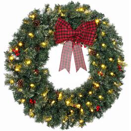 Homcom - Prelit Crestwood Spruce Artificial Christmas Wreath, Christmas Decor with Bow, 8 Modes - Green