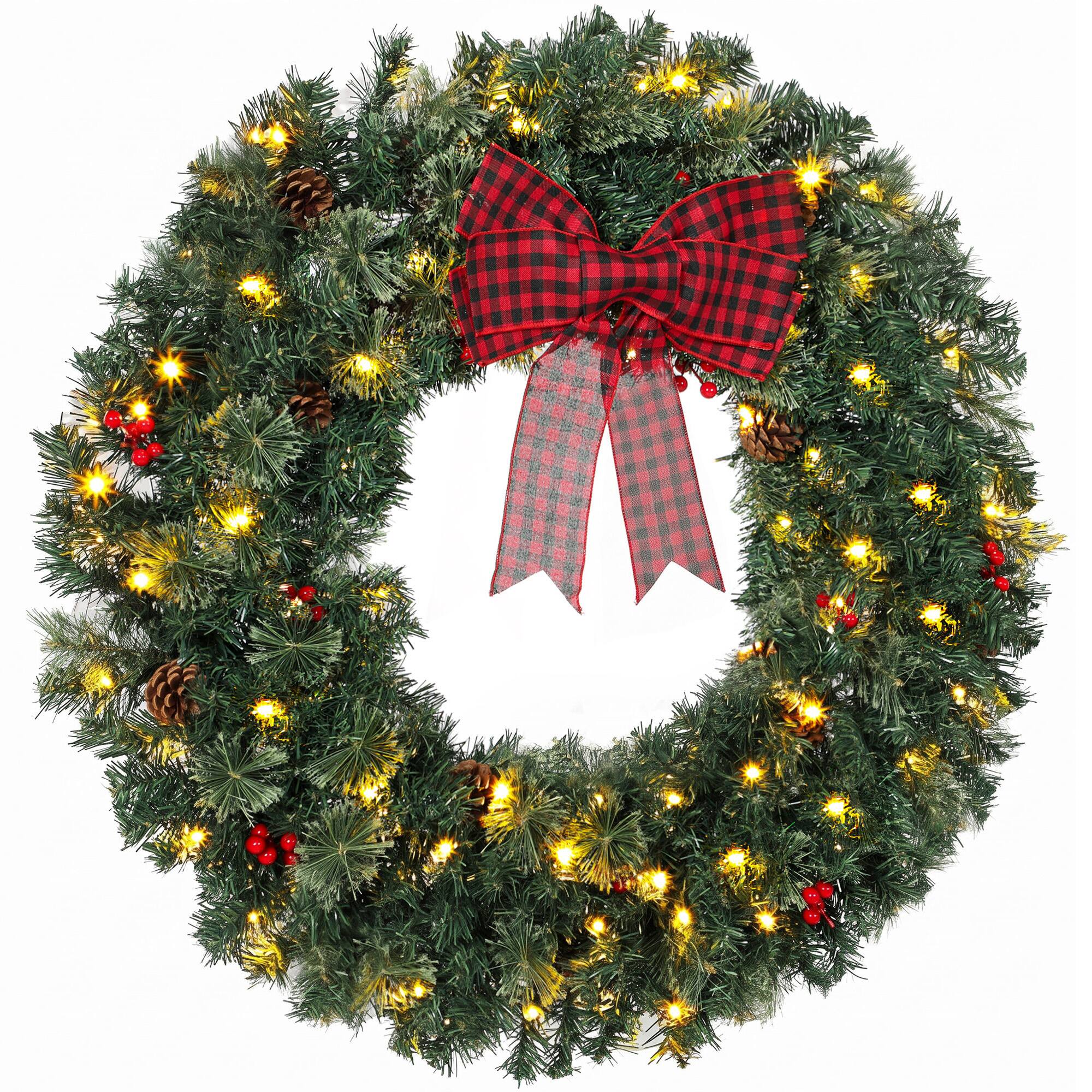 Front. Homcom - Prelit Crestwood Spruce Artificial Christmas Wreath, Christmas Decor with Bow, 8 Modes - Green.