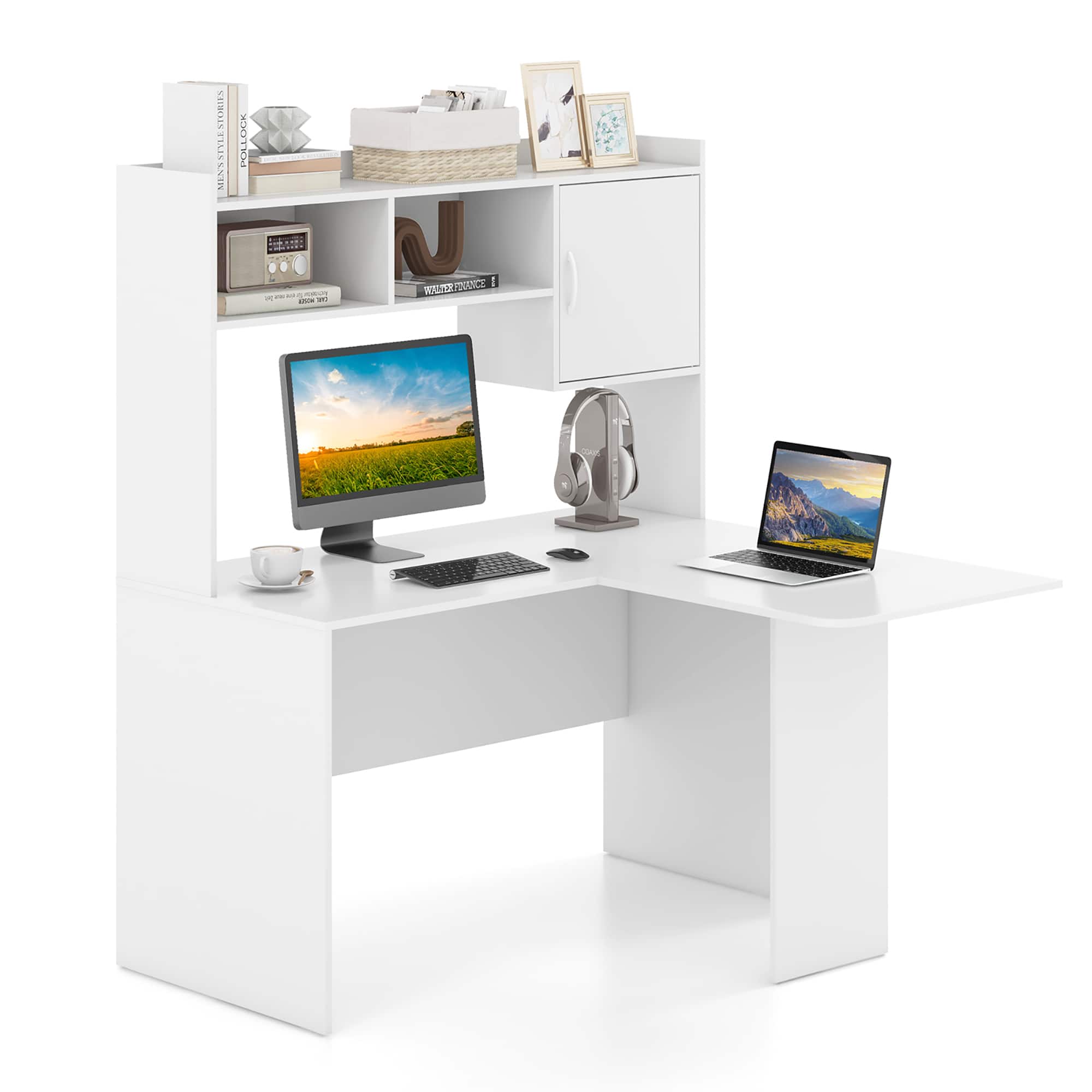 Gymax - L-Shaped Desk w/ Open Storage Hutch Corner Computer Desk w/ Shelves & Cabinet - White