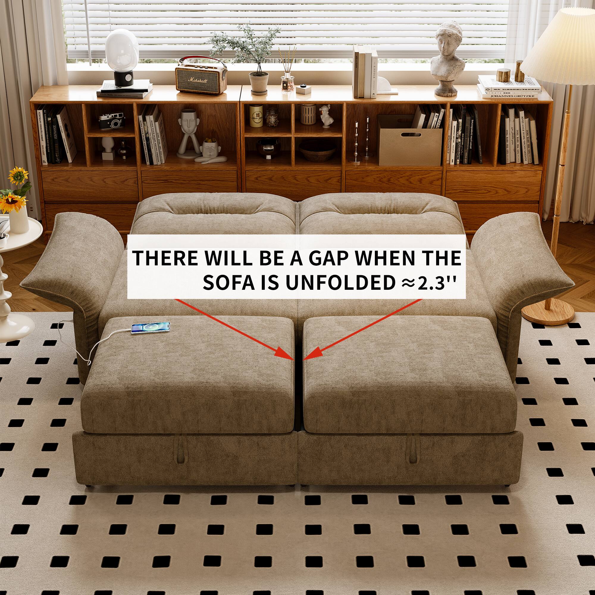 THERE WILL BE A GAP WHEN THE SOFA IS UNFOLDED ≈ 2.3"