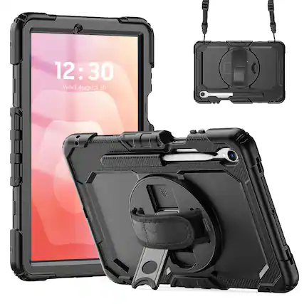 Dteck - For Samsung Galaxy Tab S11 2025 Shockproof Three-Layer Stand Shoulder Strap Case Built-in Screen Protector - Black