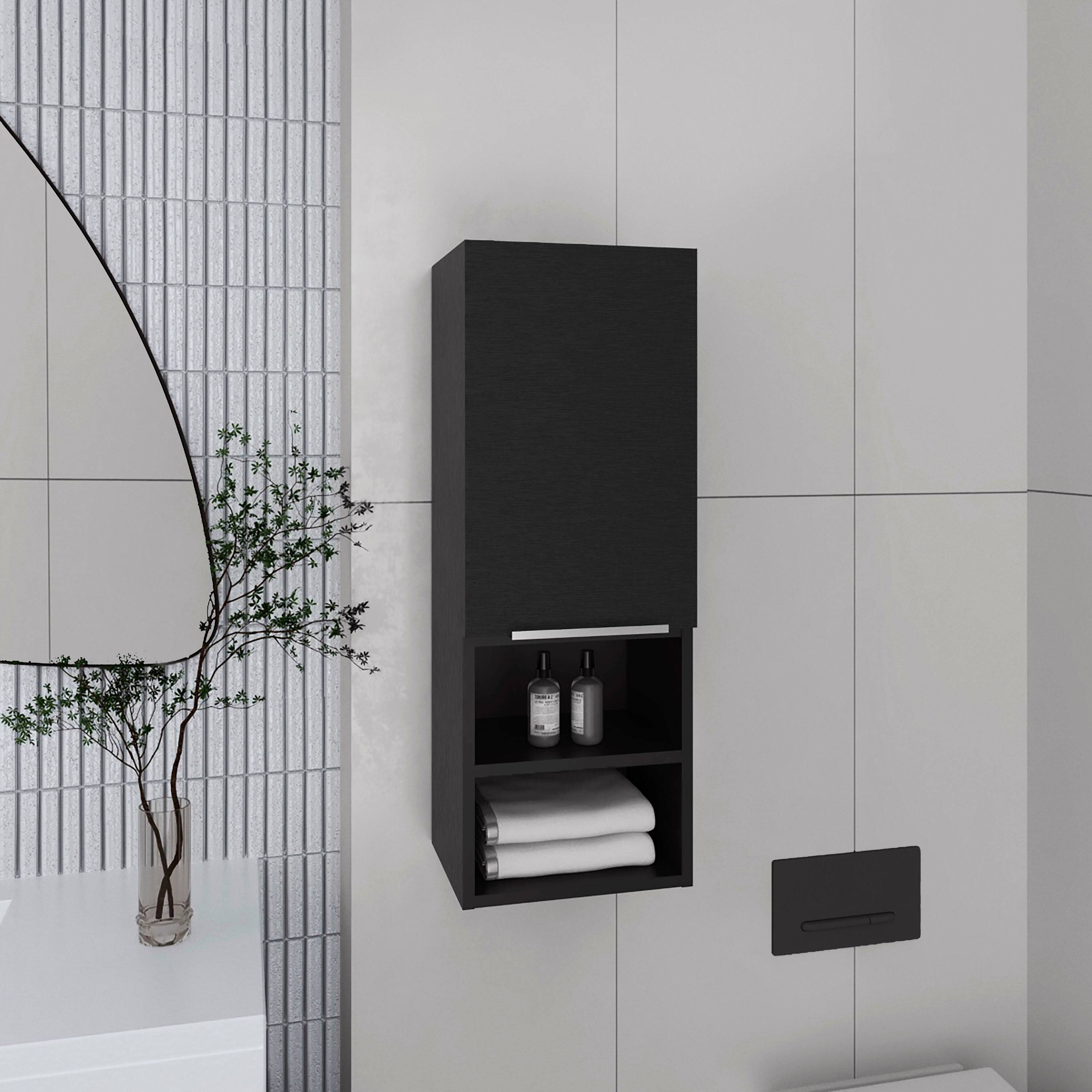 Angle. TuHome - Mila Bathroom Cabinet, Two Interior Shelves, Two External Shelves, Single Door Cabinet - Black.